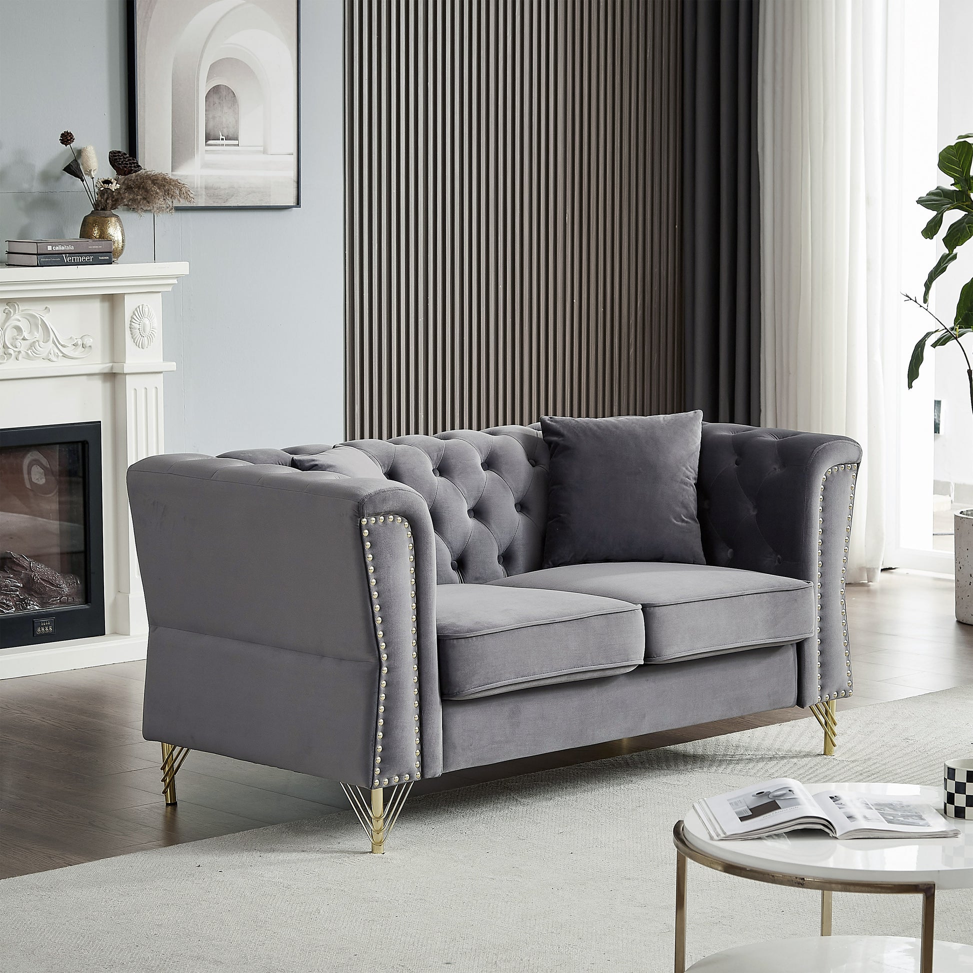 60.2" Chesterfield Sofa Beige Velvet For Living Room, 2 Seater Sofa Tufted Couch With Metal Foot And For Living Room, Bedroom, Office, Apartment, Two Pillows Grey Foam Velvet