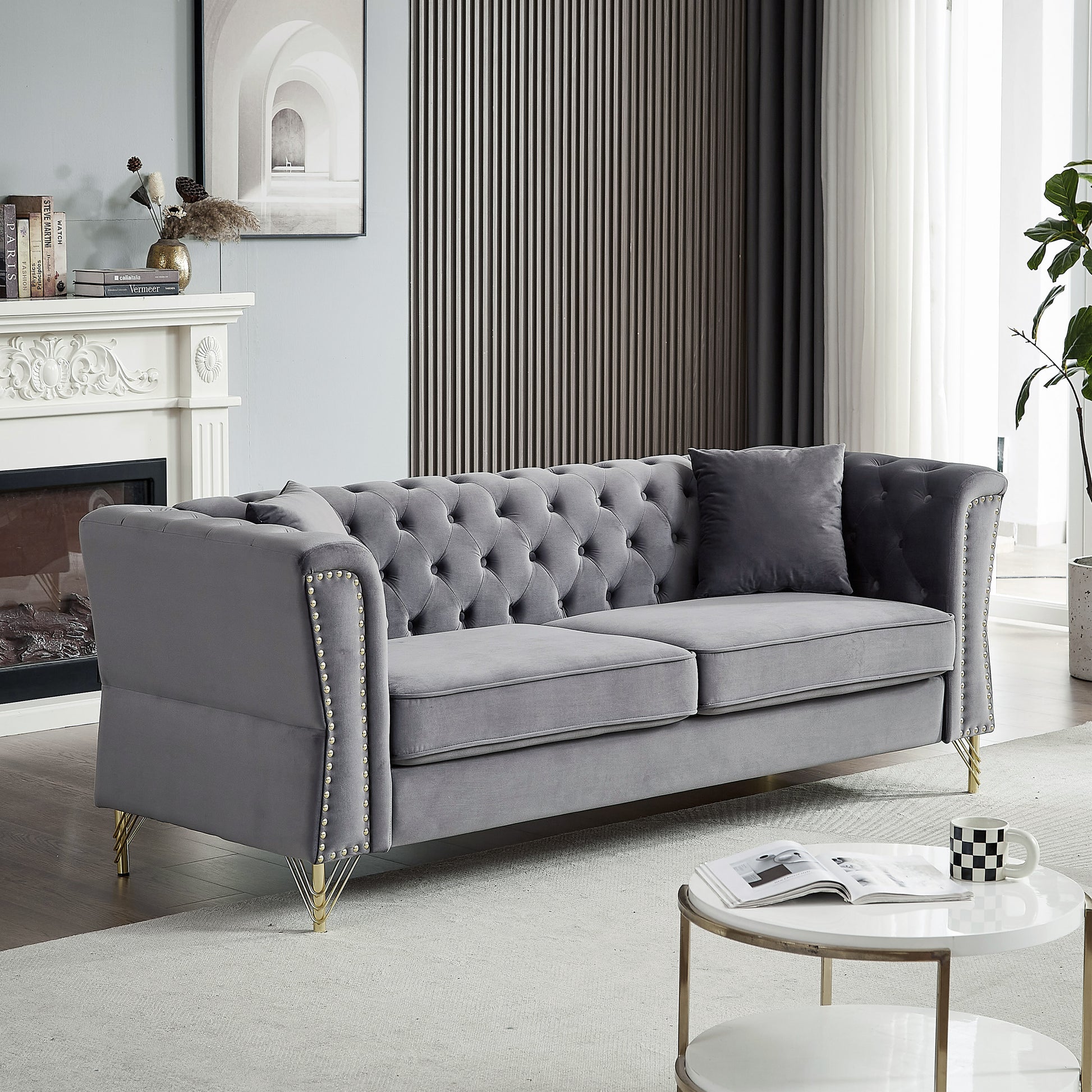 3 Seater 2 Seater Combination Sofa Tufted Couch With Rolled Arms And For Living Room, Bedroom, Office, Apartment, Four Pillows Grey Foam Velvet