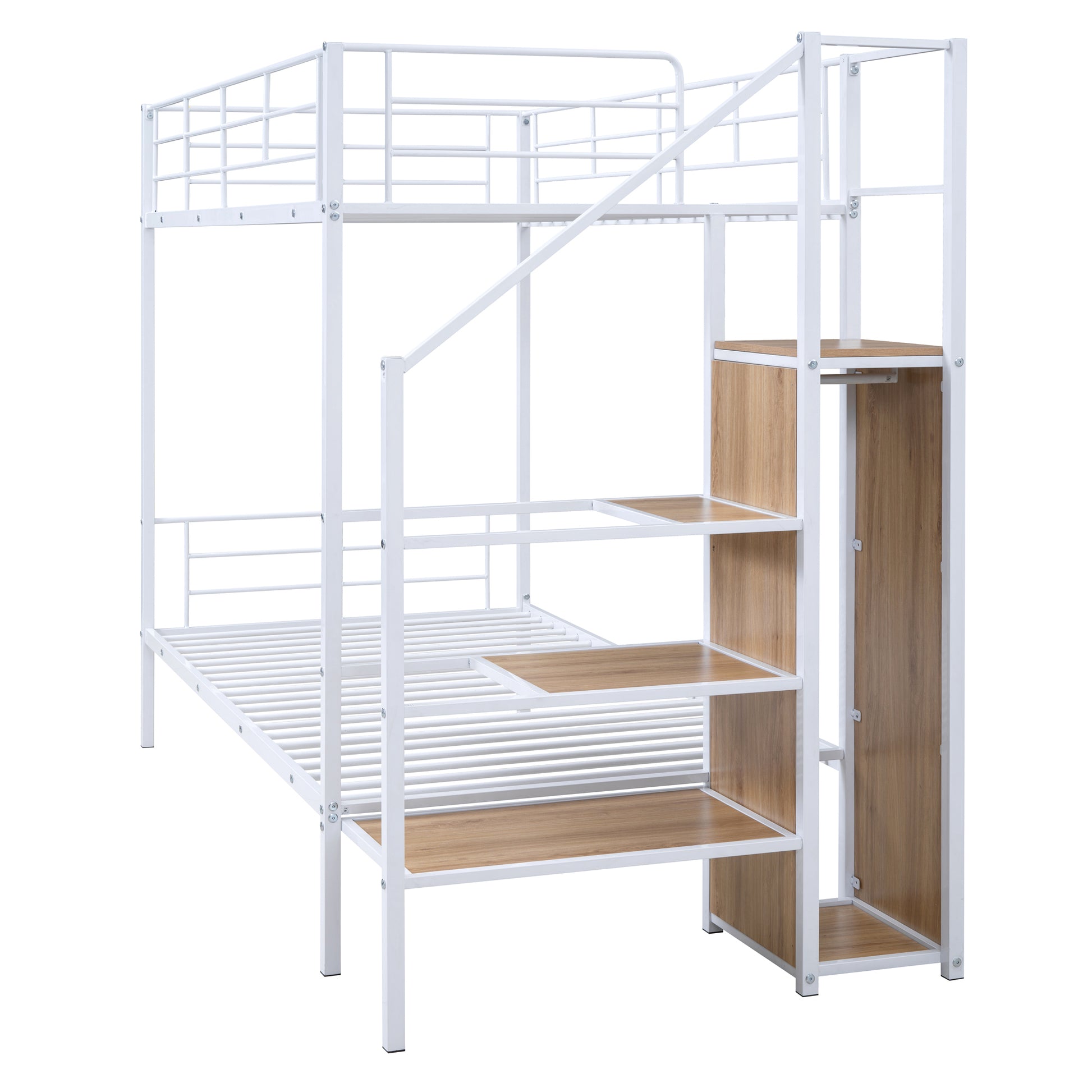 Twin Over Twin Metal Bunk Bed With Lateral Storage Ladder And Wardrobe, White White Iron