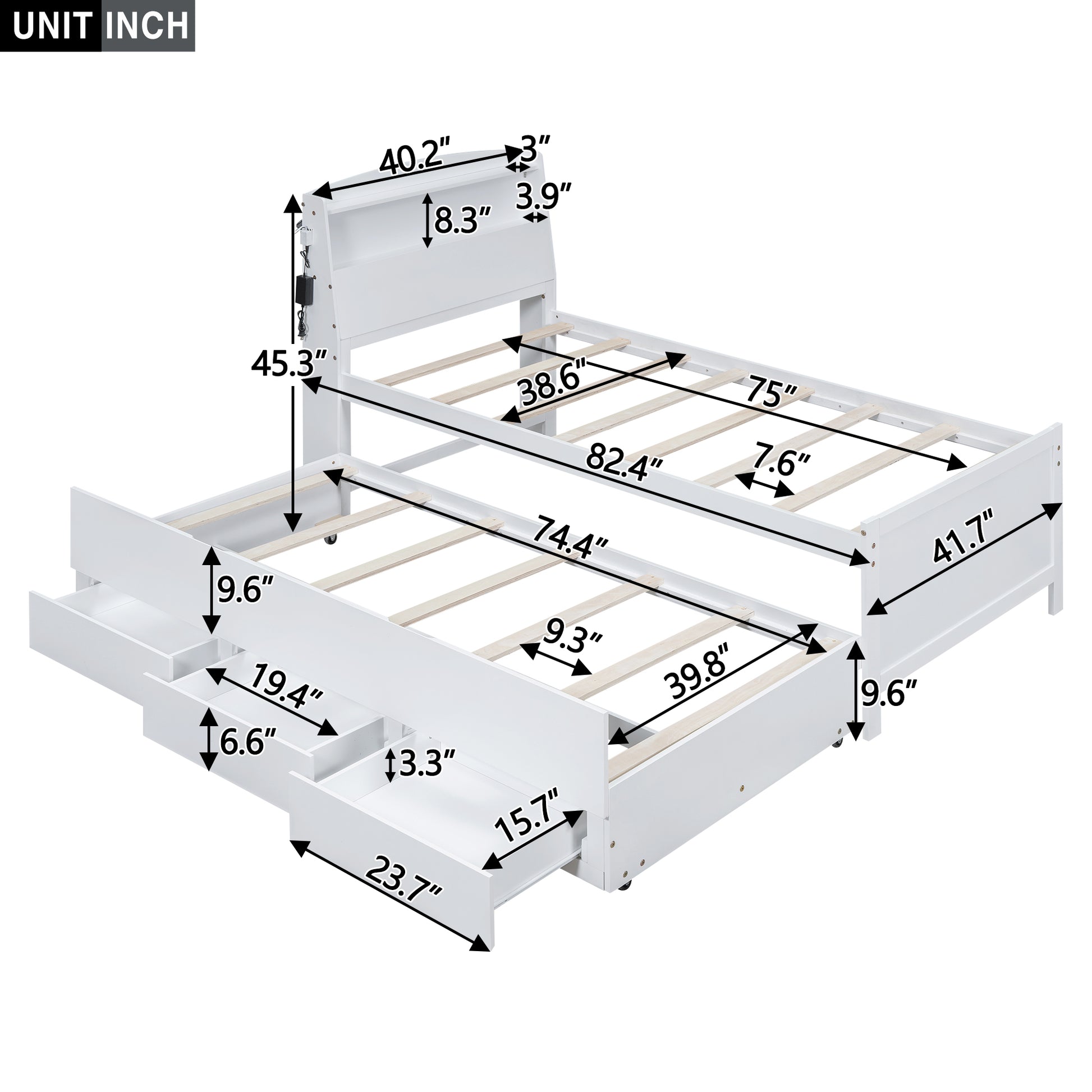 Twin Size Platform Bed With Storage Led Headboard, Twin Size Trundle And 3 Drawers, White Box Spring Not Required Twin White Bedroom Bed Frame Solid Wood Mdf