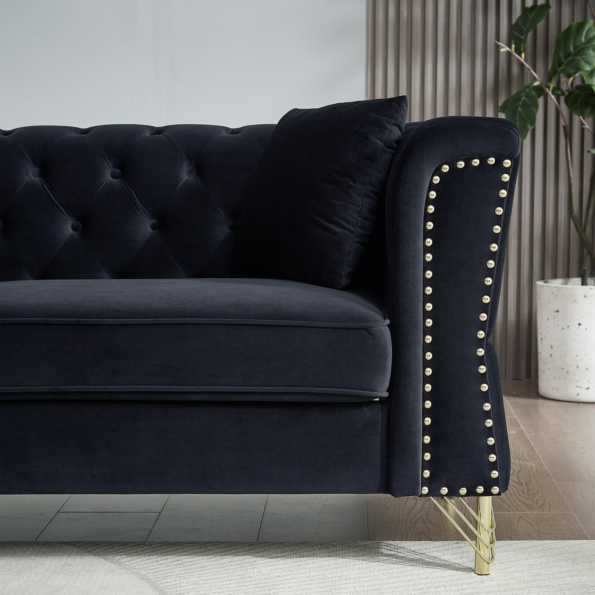 60.2" Chesterfield Sofa Beige Velvet For Living Room, 2 Seater Sofa Tufted Couch With Metal Foot And For Living Room, Bedroom, Office, Apartment, Two Pillows Black Foam Velvet