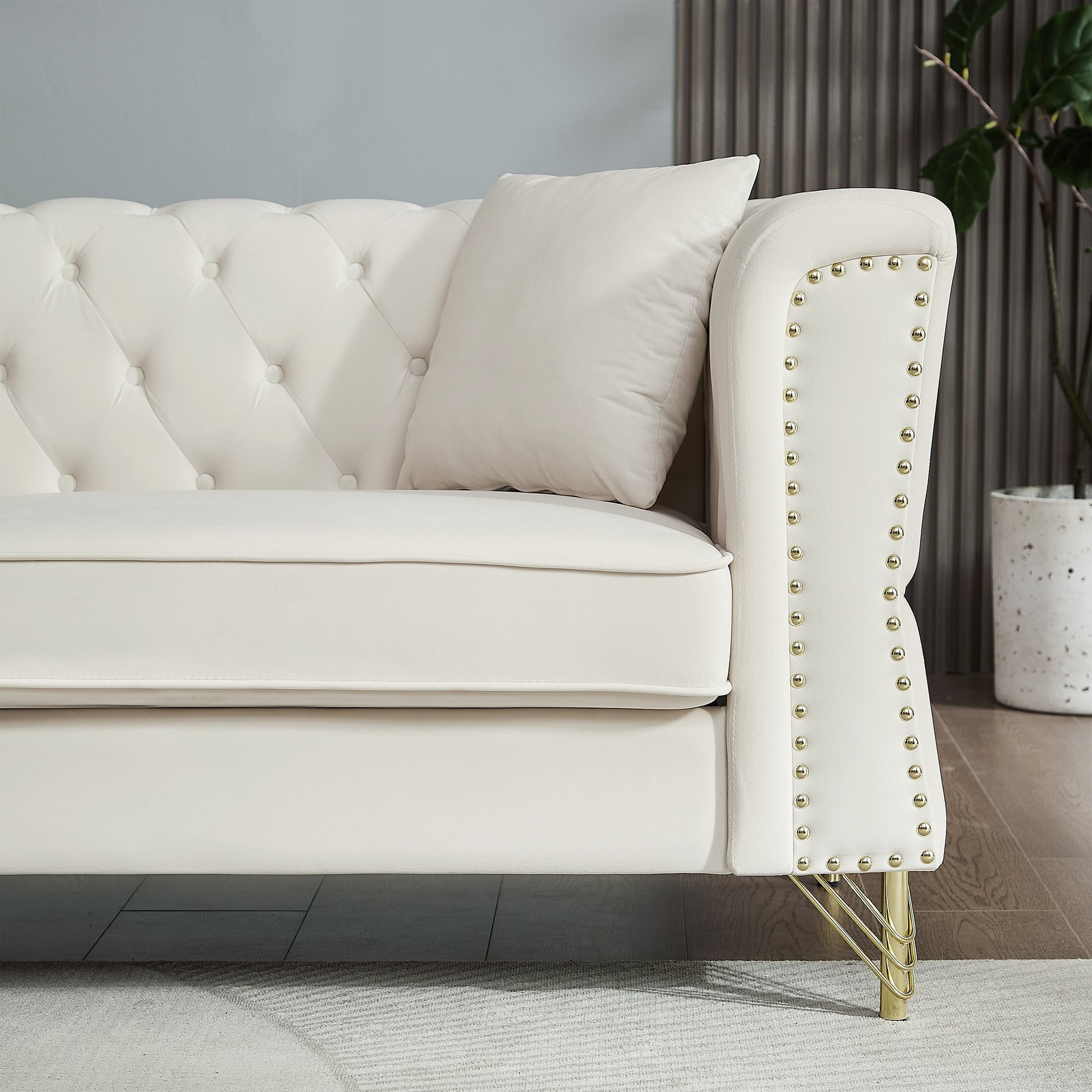 81.8" Chesterfield Sofa Grey Velvet For Living Room, 3 Seater Sofa Tufted Couch With Metal Foot And For Living Room, Bedroom, Office, Apartment, Two Pillows Beige Foam Velvet