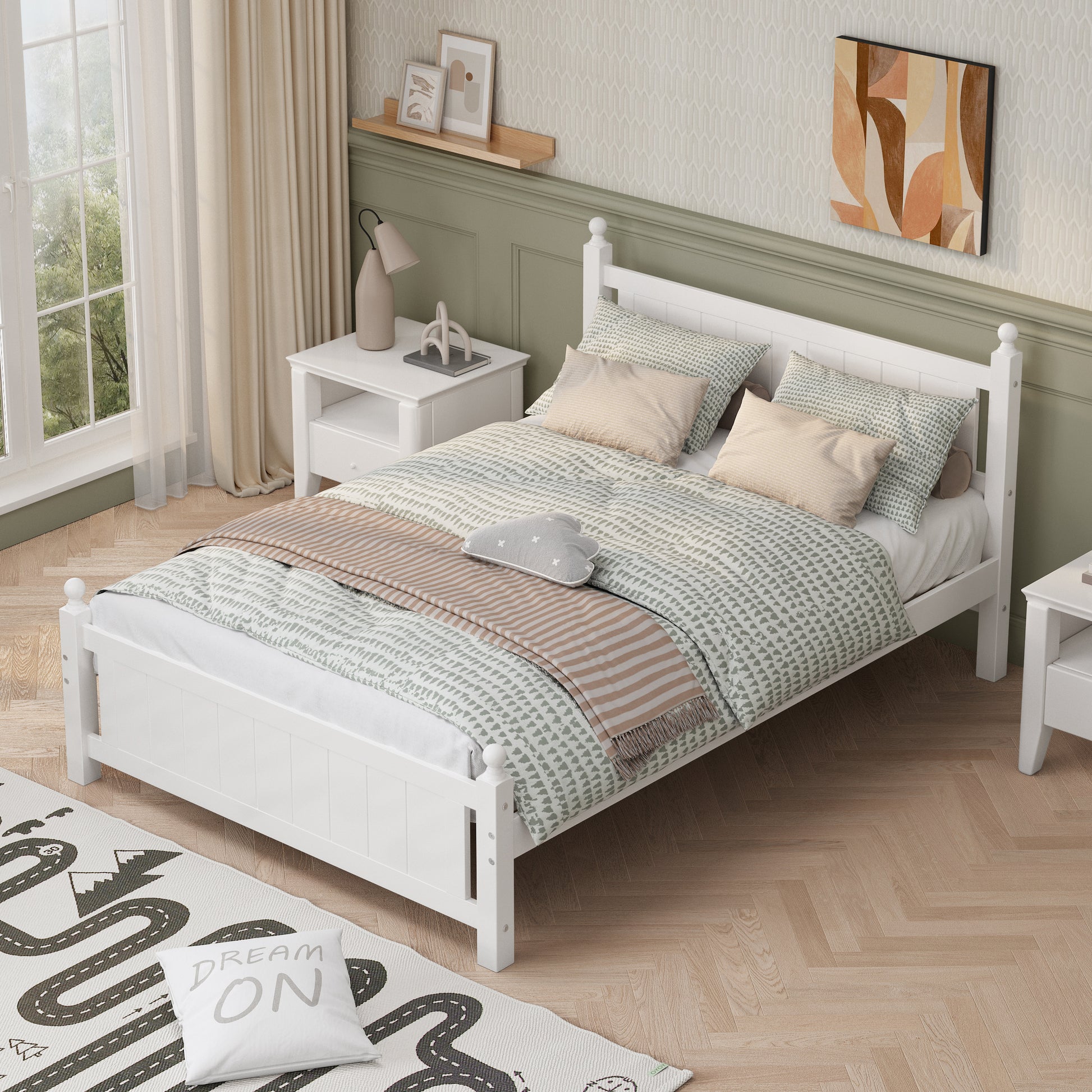 Full Size Solid Wood Platform Bed Frame For Kids, Teens, Adults, No Need Box Spring, White Box Spring Not Required Full White Wood Bedroom Mid Century Modern,Modern Pine Bed Frame Wood