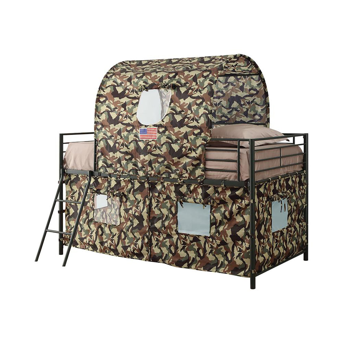 Army Green And Camouflage Tent Loft Bed Twin Green Metal Bedroom Industrial Kids Metal