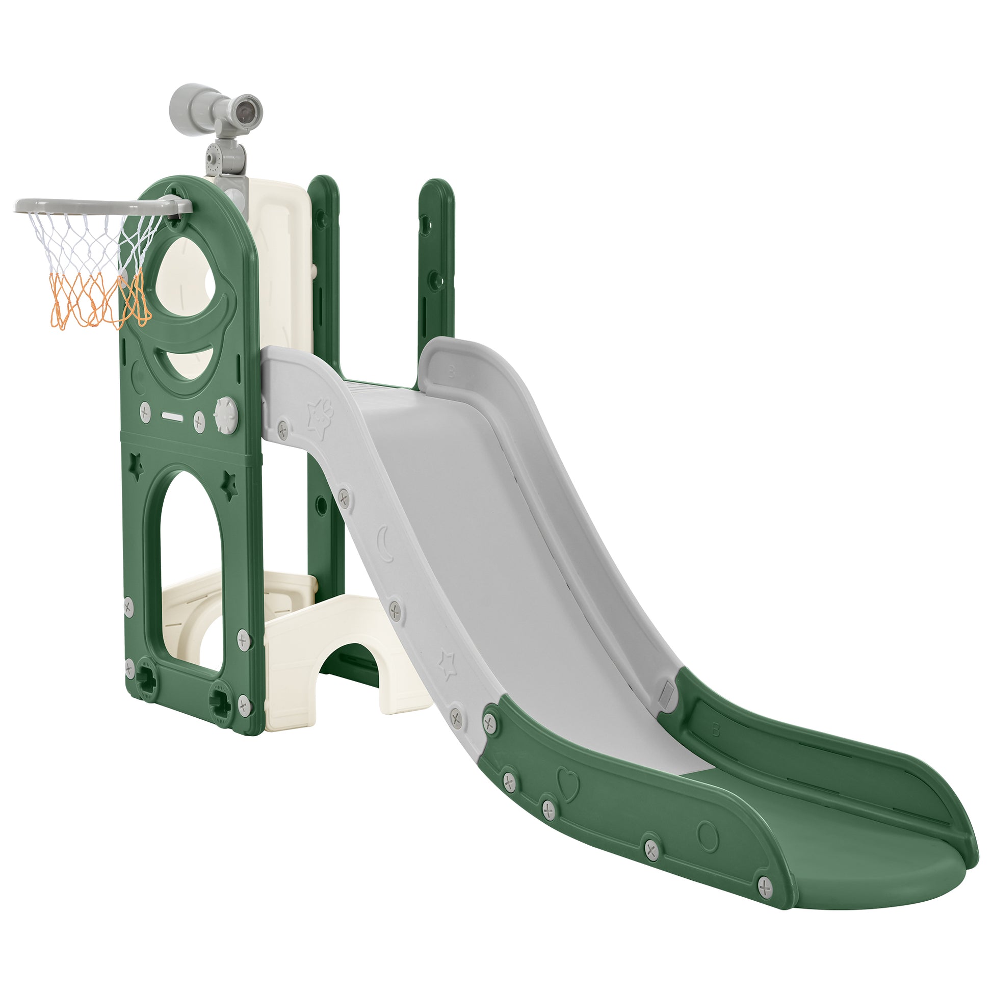 Kids Slide Playset Structure 5 In 1, Freestanding Space Set With Slide, Telescope And Basketball Hoop, Golf Holes For Toddlers, Kids Climbers Playground Green Hdpe