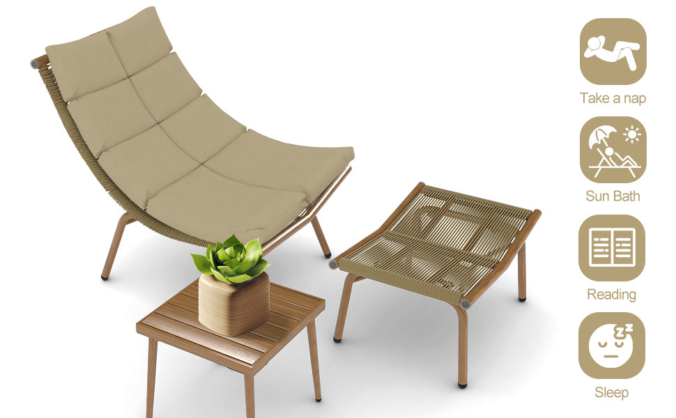 Chaise Lounge Chair With Table For Outdoor Indoor Wood Color Alloy Frame 380Lbs Capacity With Cushion Recliner For Camping Gaming Lunch Break Garden Party Sunbathing Wood Iron