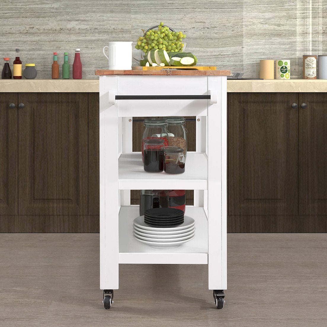 57 Inch Rolling Kitchen Island With Storage,Kitchen Cart With Solid Oak Wood Top,Two Sided Kitchen Island Cart On Wheels ,Wine And Spice Rack, Large Kitchen Cart With 2 Drawers, Milk White Natural Top White Natural Dining Room American Design Rectangular