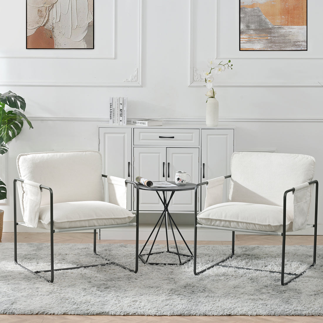 2 Sets 1 Case, Upholstered Hanging Armchair With Arm Pocket Metal Frame, Crushed Foamcushions And Skin Friendly Braid For Living Room And Bedroom. White Color White Foam Polyester