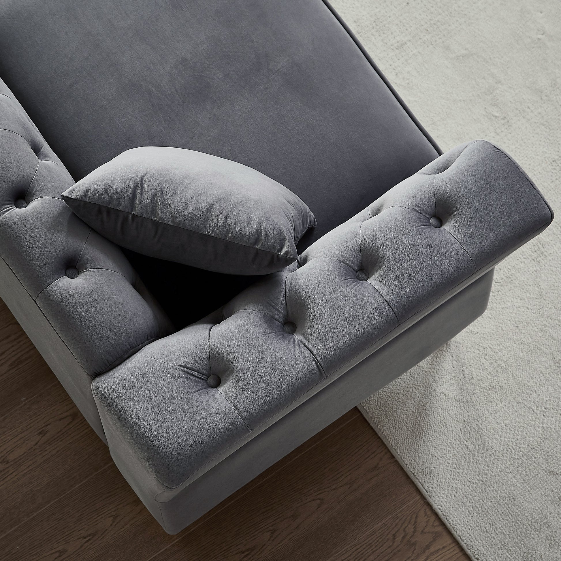 81.8" Chesterfield Sofa Grey Velvet For Living Room, 3 Seater Sofa Tufted Couch With Metal Foot And For Living Room, Bedroom, Office, Apartment, Two Pillows Grey Foam Velvet