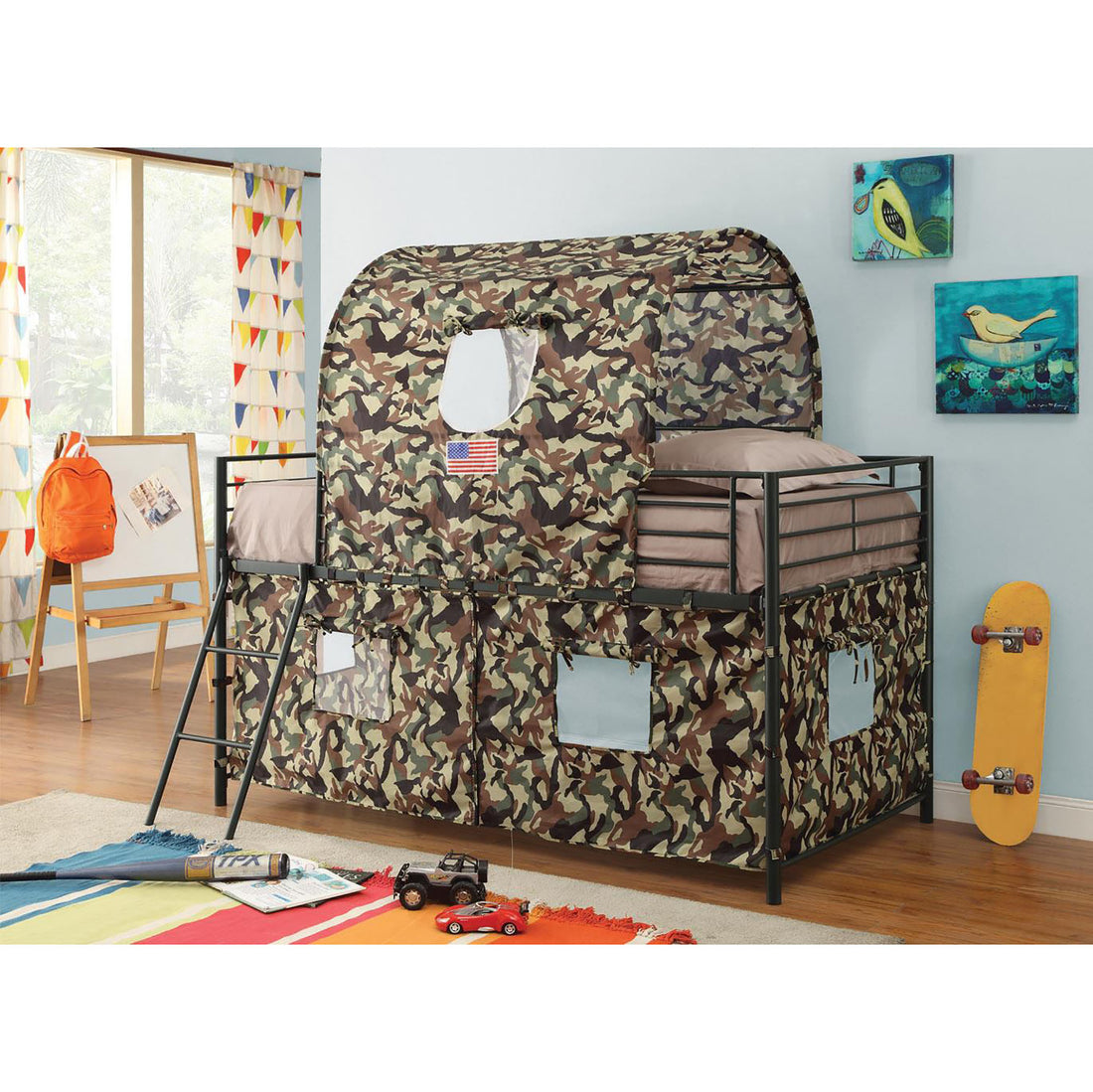 Army Green And Camouflage Tent Loft Bed Twin Green Metal Bedroom Industrial Kids Metal