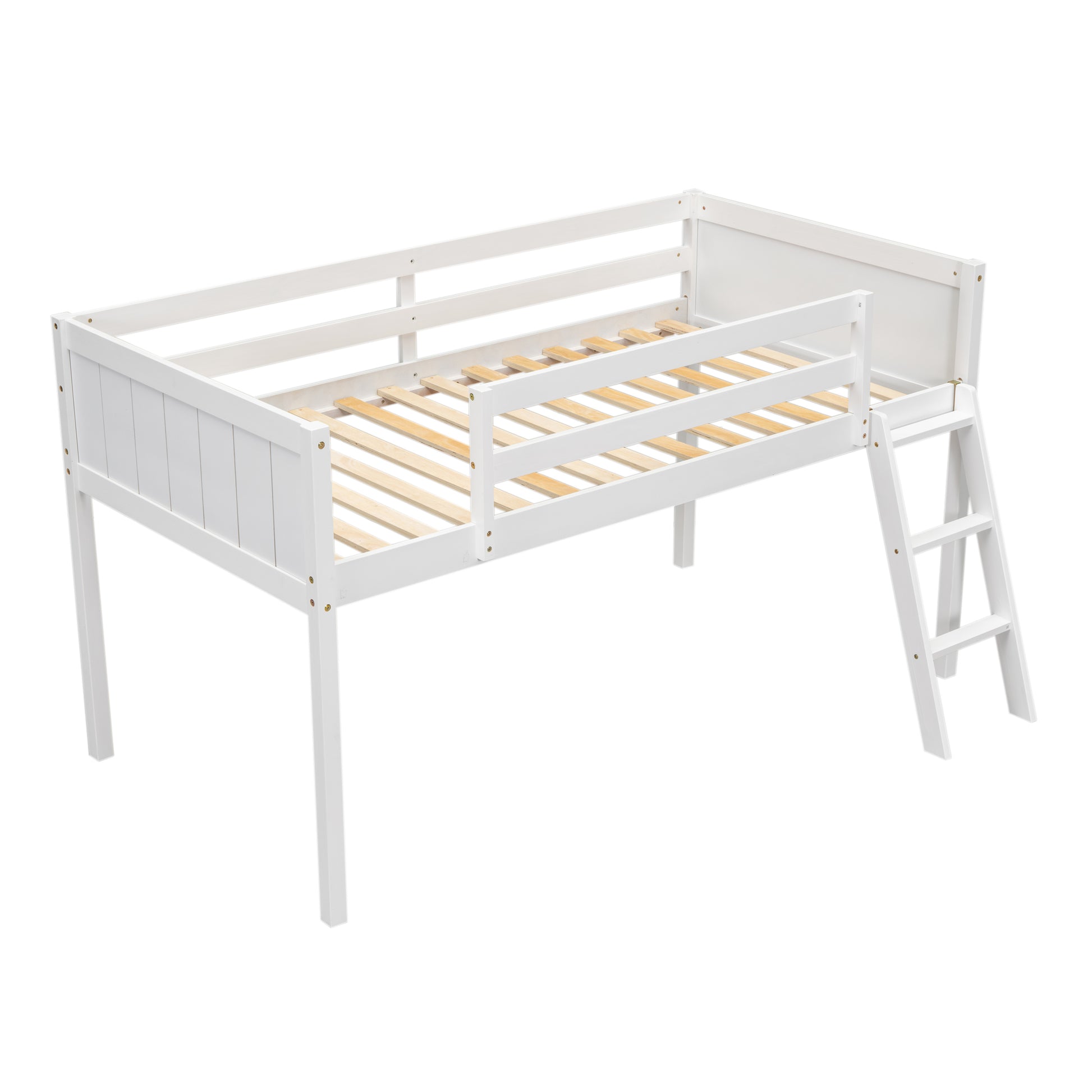 Twin Size Wood Low Loft Bed With Ladder, Ladder Can Be Placed On The Left Or Right, White Box Spring Not Required Twin White Wood Bedroom Solid Wood Mdf