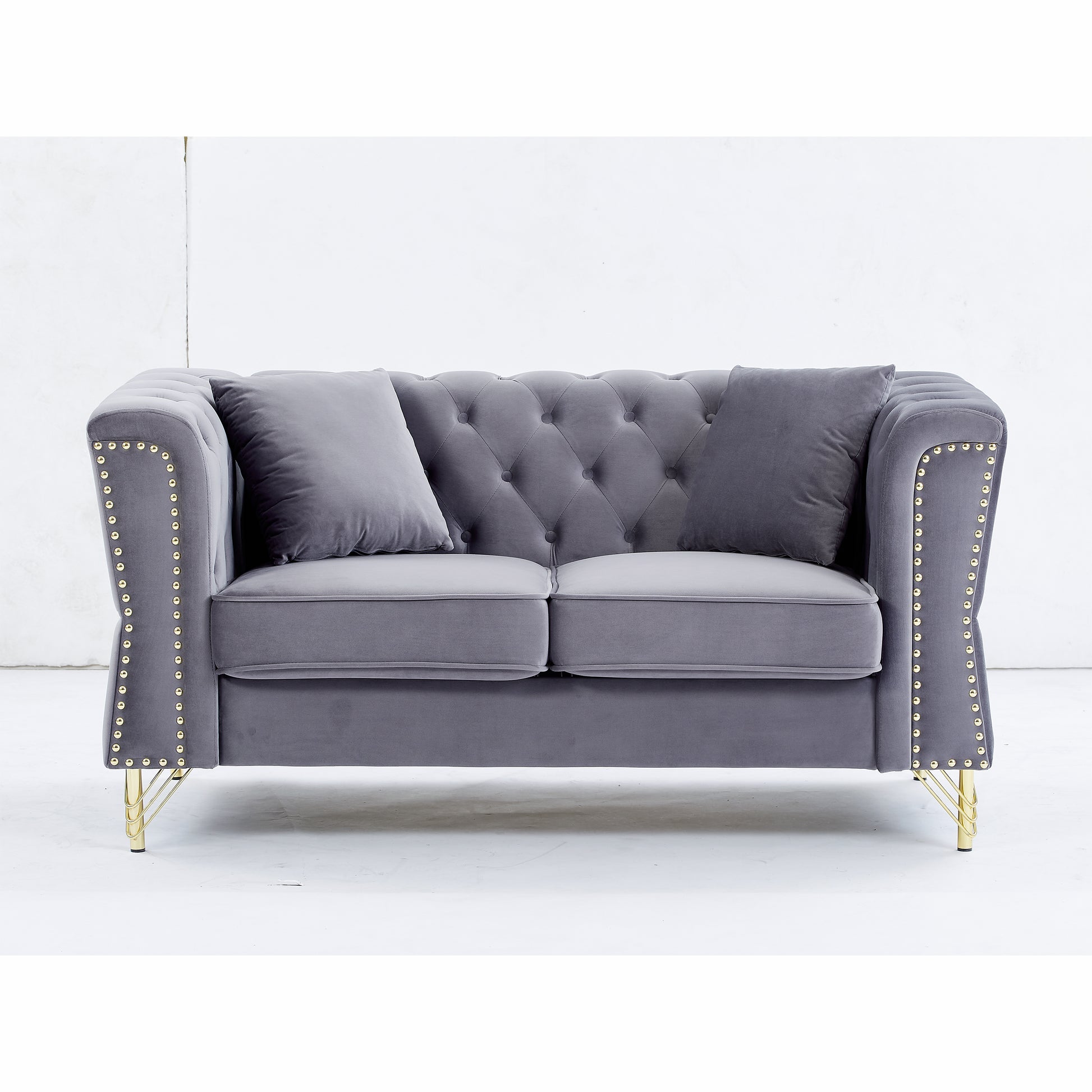 60.2" Chesterfield Sofa Beige Velvet For Living Room, 2 Seater Sofa Tufted Couch With Metal Foot And For Living Room, Bedroom, Office, Apartment, Two Pillows Grey Foam Velvet