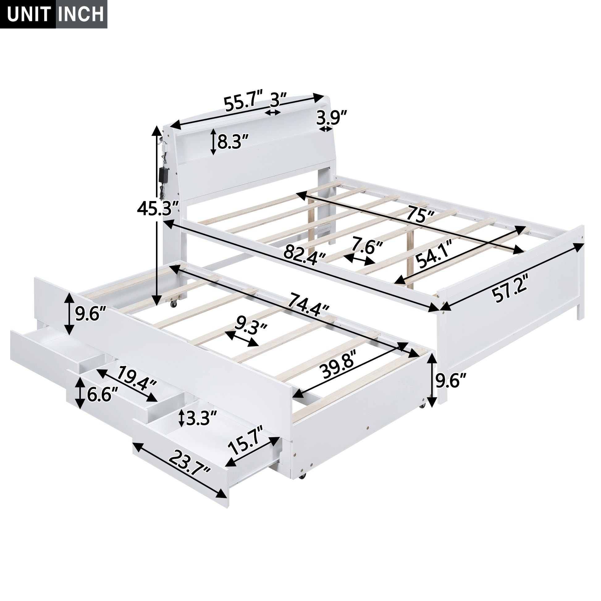 Full Size Platform Bed With Storage Led Headboard, Twin Size Trundle And 3 Drawers, White Box Spring Not Required Full White Bedroom Bed Frame Solid Wood Mdf