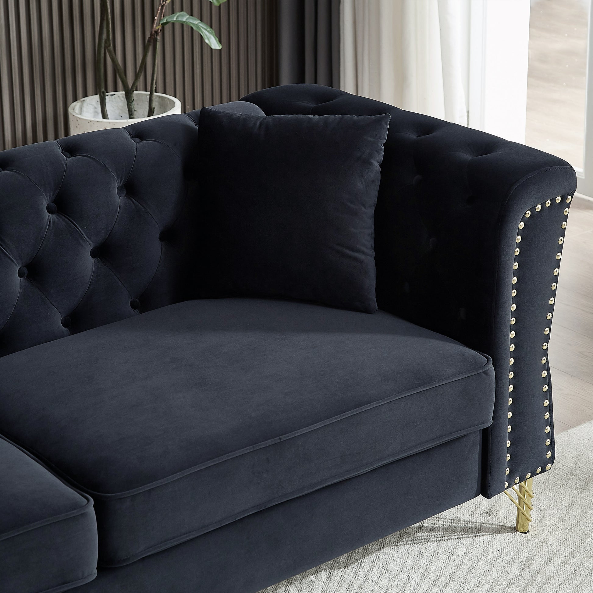 81.8" Chesterfield Sofa Grey Velvet For Living Room, 3 Seater Sofa Tufted Couch With Metal Foot And For Living Room, Bedroom, Office, Apartment, Two Pillows Black Foam Velvet