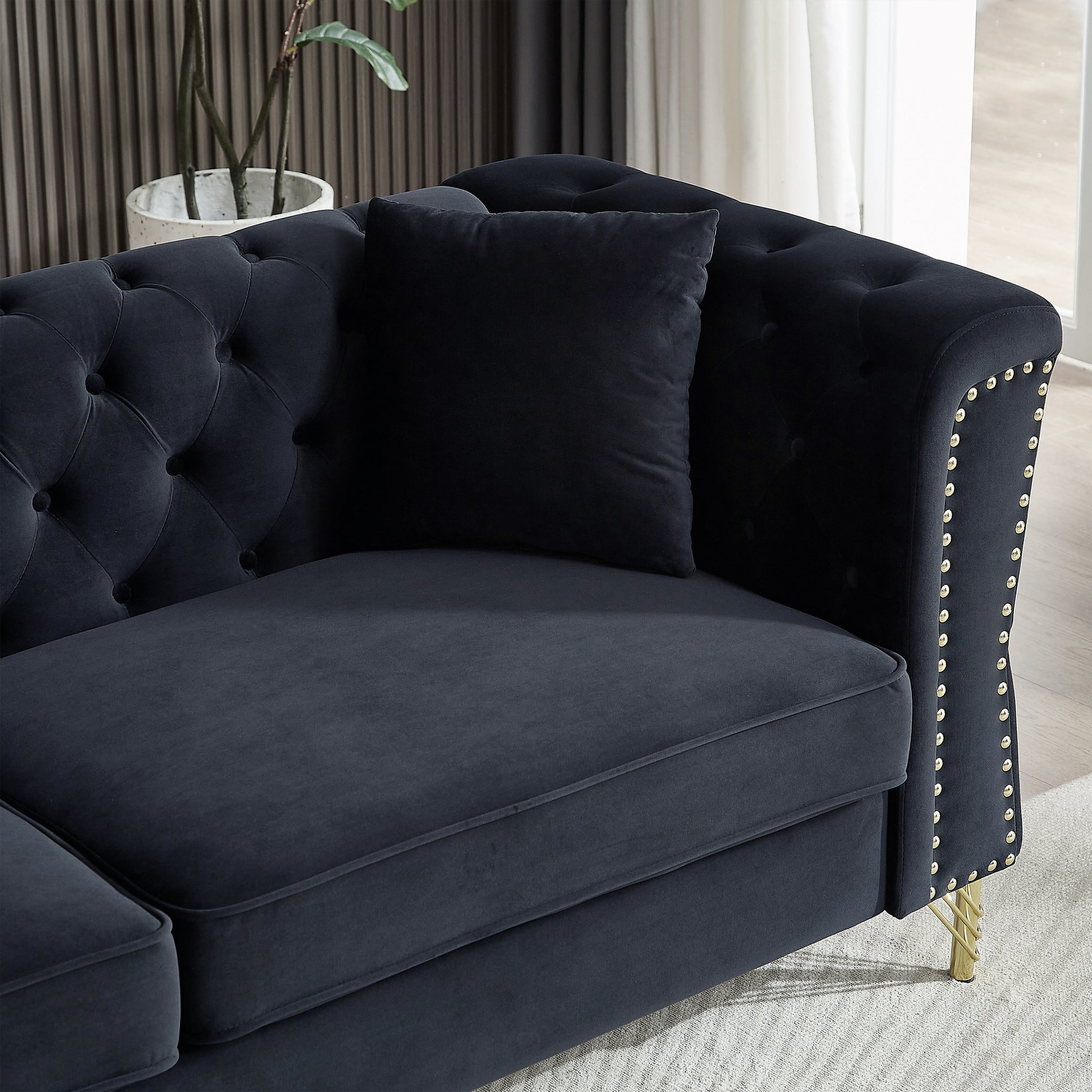 3 Seater 3 Seater Combination Sofa Tufted Couch With Rolled Arms And For Living Room, Bedroom, Office, Apartment, Four Pillows Black Foam Velvet