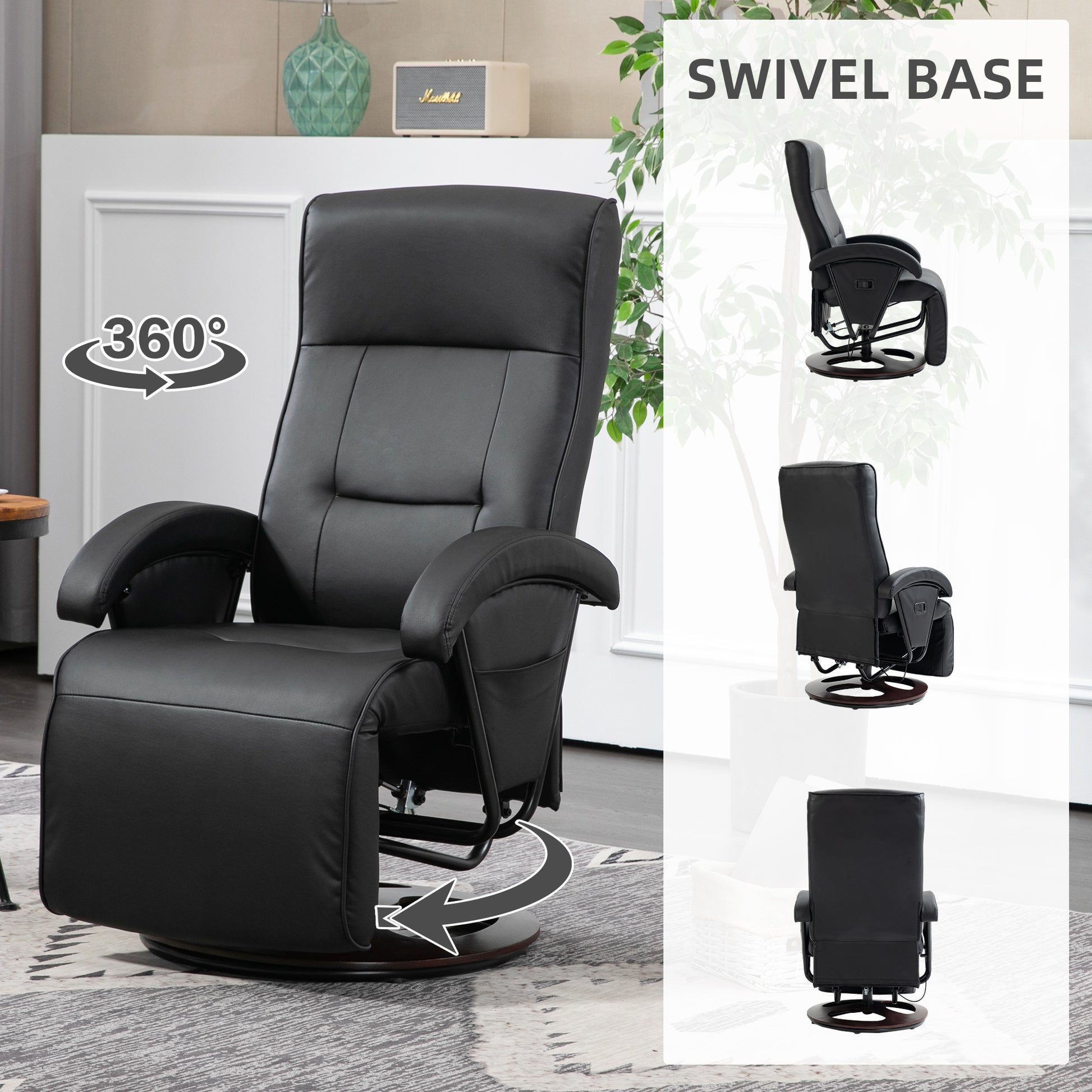 Homcom Pu Recliner With Footrest, Lounge Chair With 135 Adjustable Backrest, Swivel Wood Base, Padded Seat & Armrests For Living Room, Black Black Pu