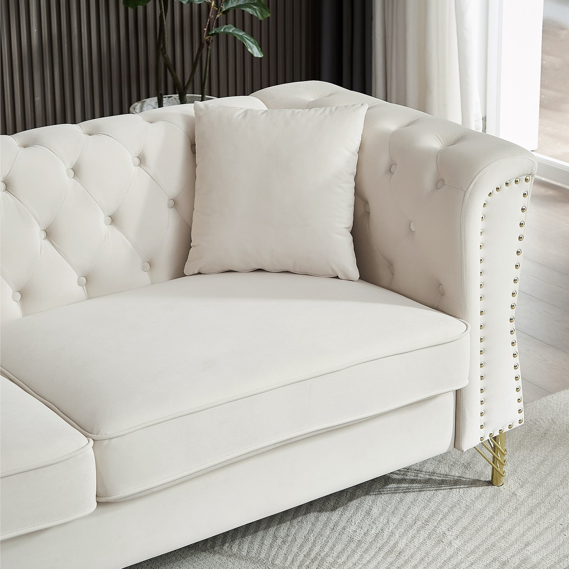 81.8" Chesterfield Sofa Grey Velvet For Living Room, 3 Seater Sofa Tufted Couch With Metal Foot And For Living Room, Bedroom, Office, Apartment, Two Pillows Beige Foam Velvet