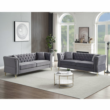 3 Seater 3 Seater Combination Sofa Tufted Couch With Rolled Arms And For Living Room, Bedroom, Office, Apartment, Four Pillows Grey Foam Velvet