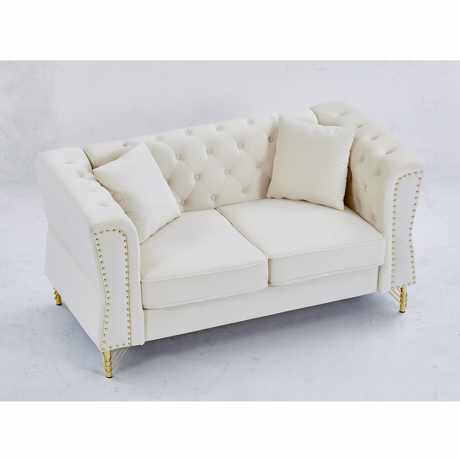 60.2" Chesterfield Sofa Beige Velvet For Living Room, 2 Seater Sofa Tufted Couch With Metal Foot And For Living Room, Bedroom, Office, Apartment, Two Pillows Beige Foam Velvet