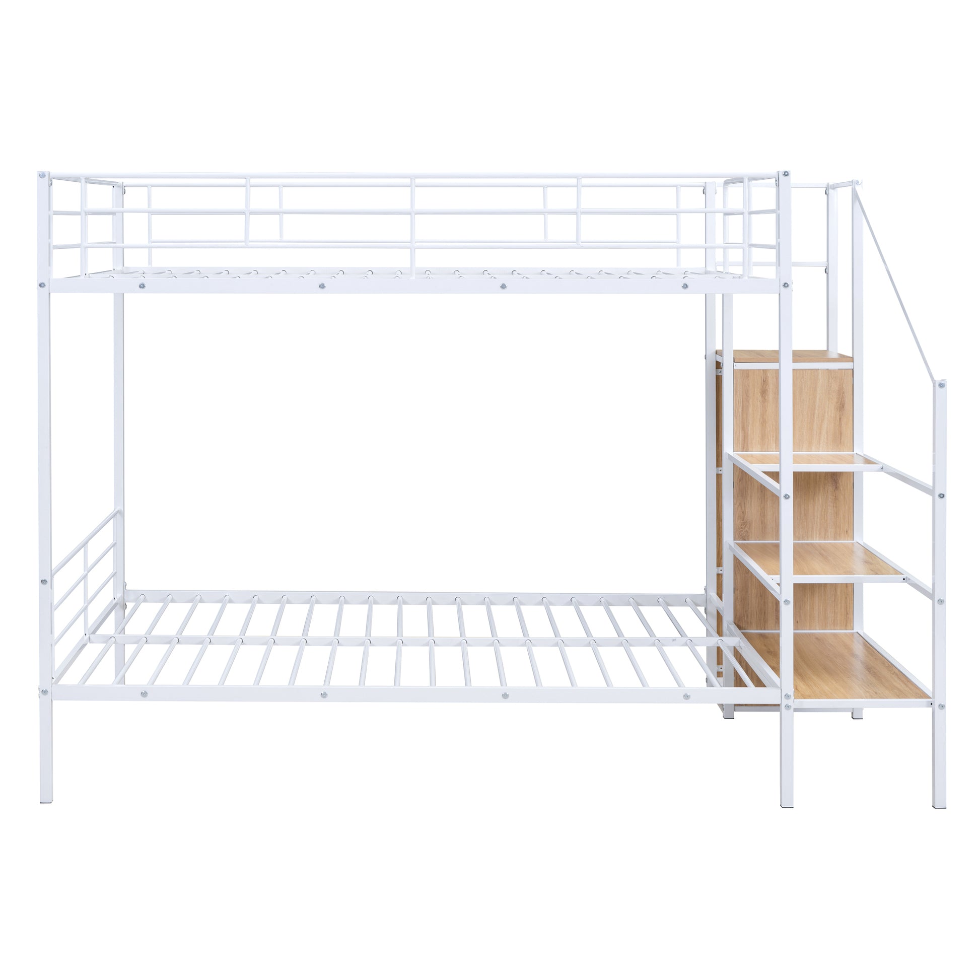 Full Over Full Metal Bunk Bed With Lateral Storage Ladder And Wardrobe, White White Iron