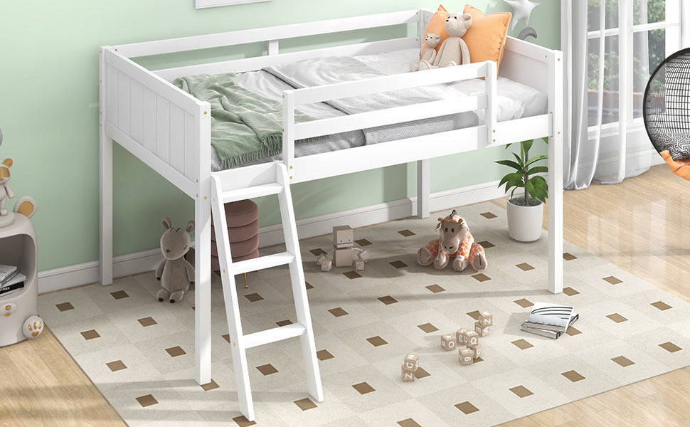 Twin Size Wood Low Loft Bed With Ladder, Ladder Can Be Placed On The Left Or Right, White Box Spring Not Required Twin White Wood Bedroom Solid Wood Mdf