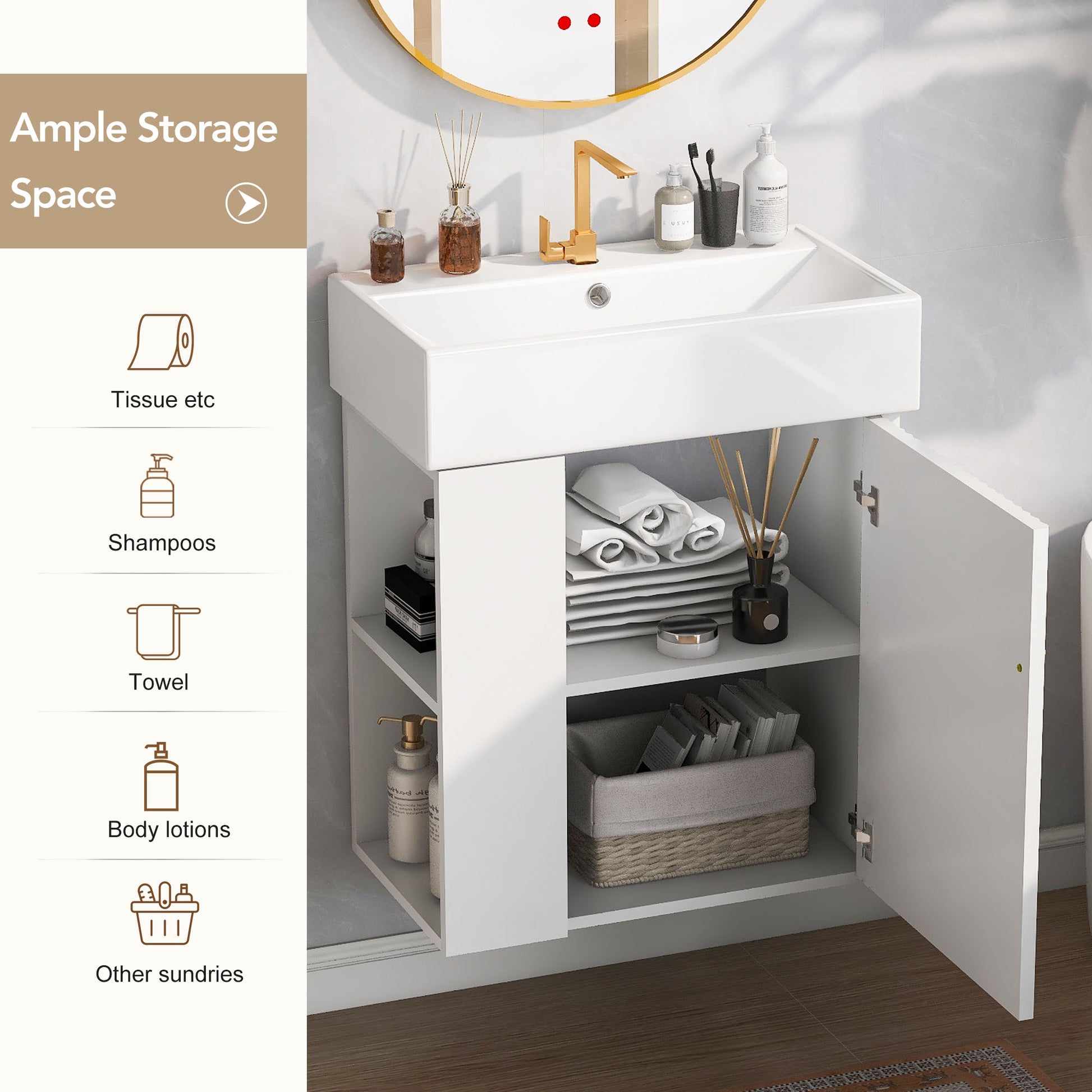 Video 21.6Inch Modern Floating Bathroom Vanity With Ceramic Basin Perfect For Small Bathrooms, Left Side Storage White Ceramic Mdf