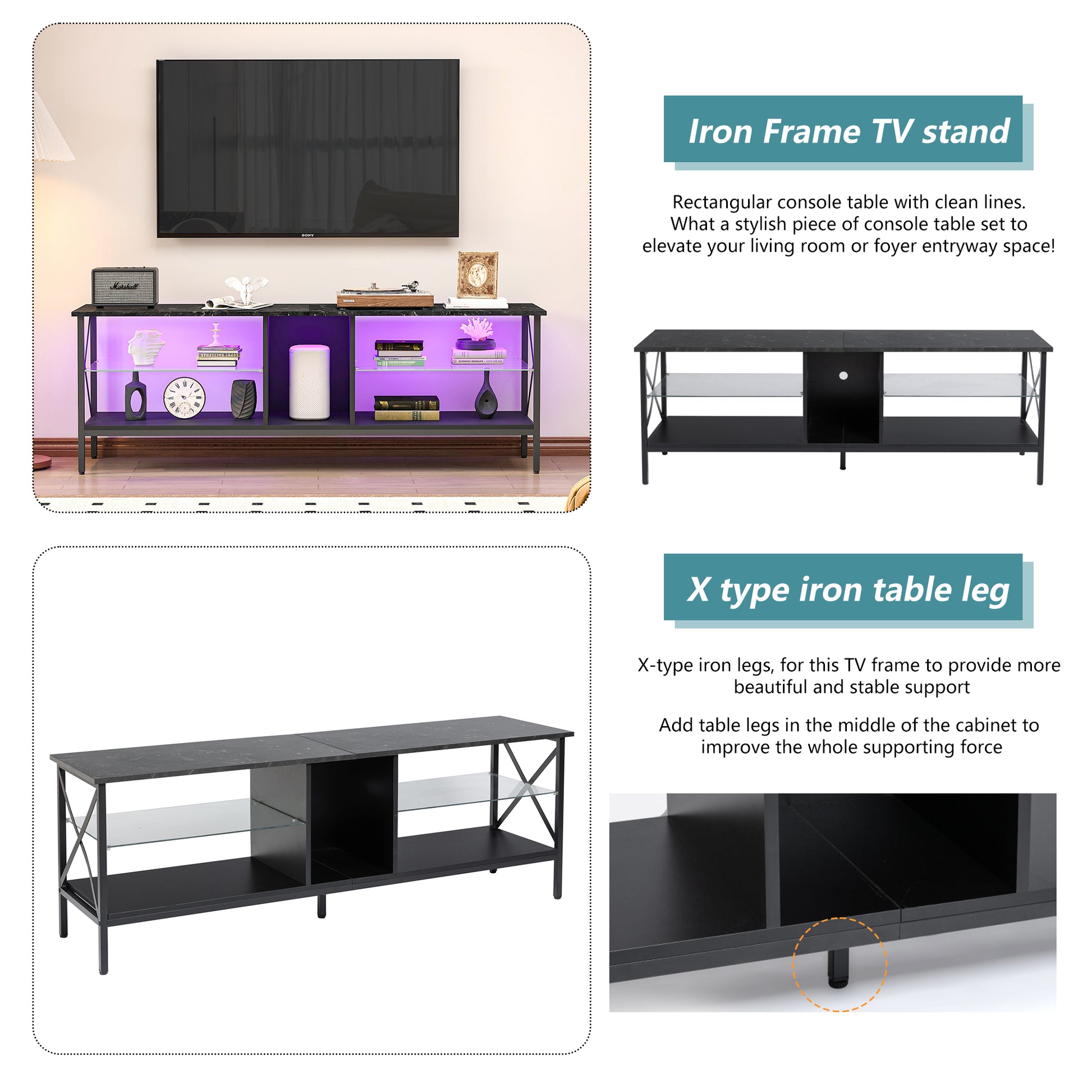 Tv Stand,Iron Tv Cabinet,Entertainment Center, Tv Set, Media Console, With Led Lights, Remote Control,Toughened Glass Stand,Can Be Placed In The Living Room, Bedroom, Color:Black With Marble Texture Black Primary Living Space 60 69 Inches 60 69 Inches 65