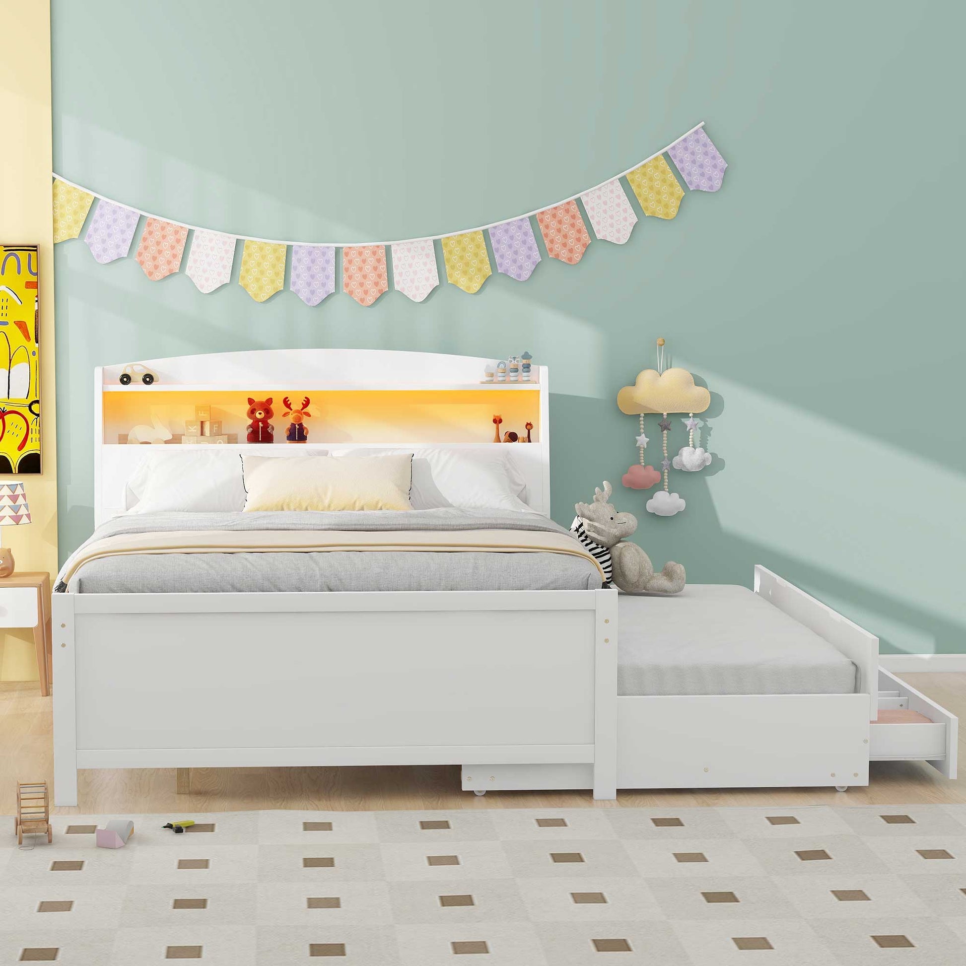 Full Size Platform Bed With Storage Led Headboard, Twin Size Trundle And 3 Drawers, White Box Spring Not Required Full White Bedroom Bed Frame Solid Wood Mdf