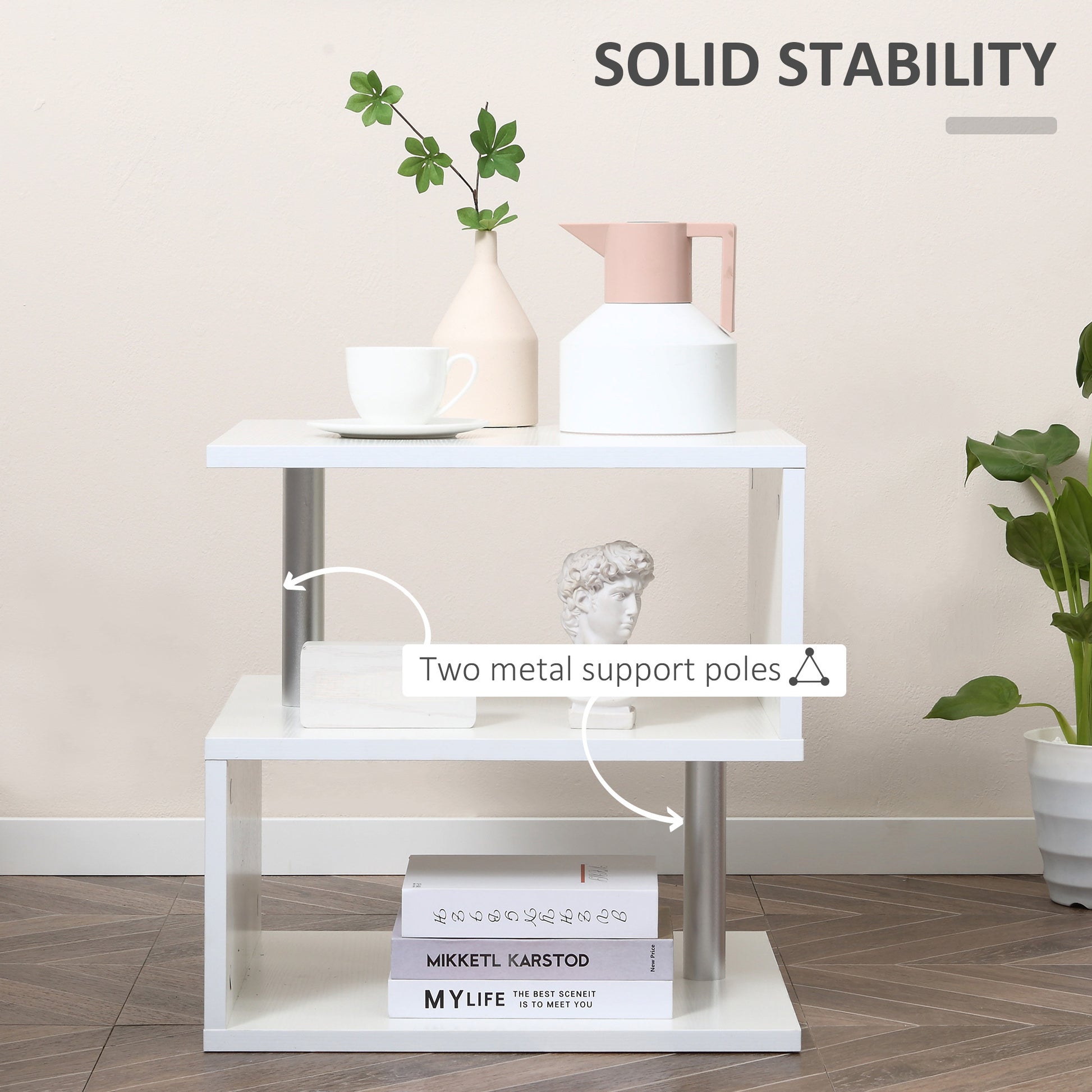 Homcom 20" Modern End Table, Accent Side Table, S Shaped Coffee Table With Storage Shelf And Steel Poles, White White Particle Board