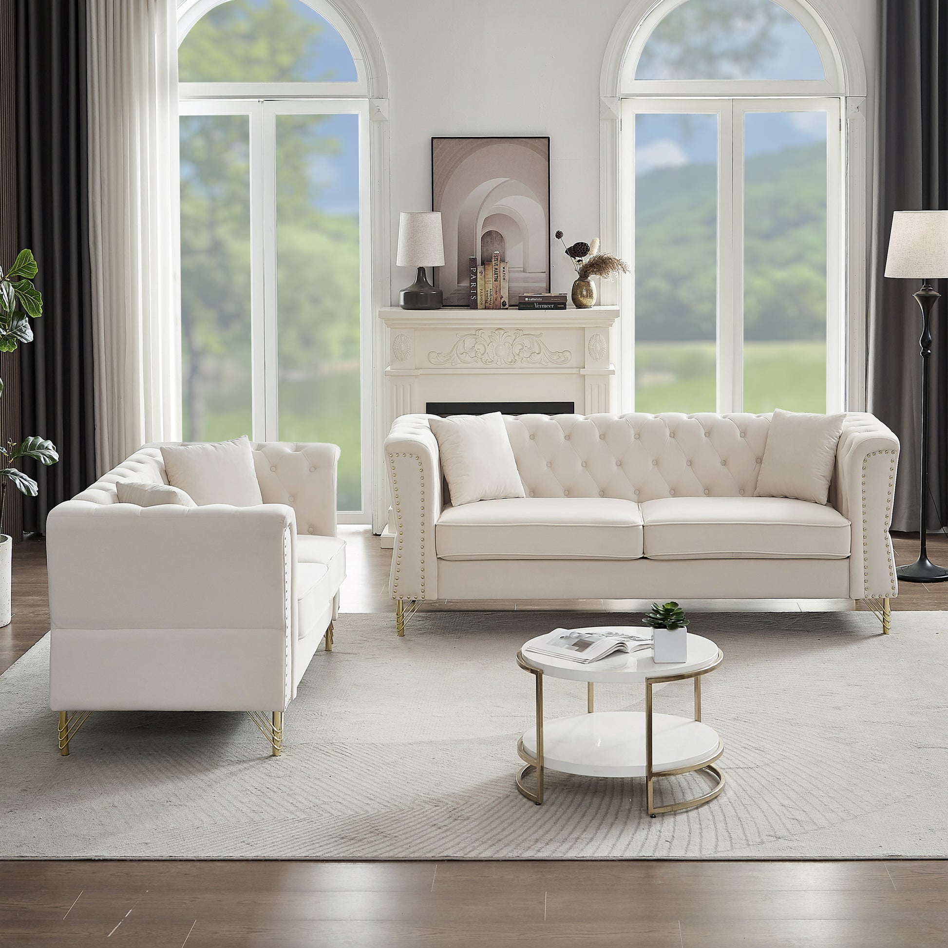3 Seater 2 Seater Combination Sofa Tufted Couch With Rolled Arms And For Living Room, Bedroom, Office, Apartment, Four Pillows Beige Foam Velvet