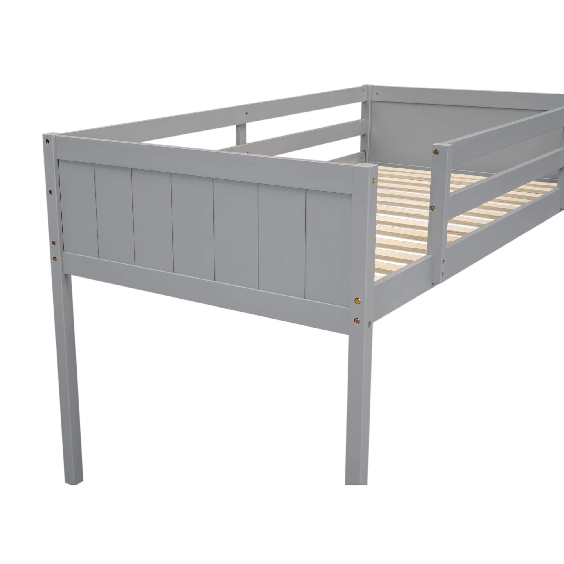 Twin Size Wood Low Loft Bed With Ladder, Ladder Can Be Placed On The Left Or Right, Gray Box Spring Not Required Twin Gray Wood Bedroom Solid Wood Mdf