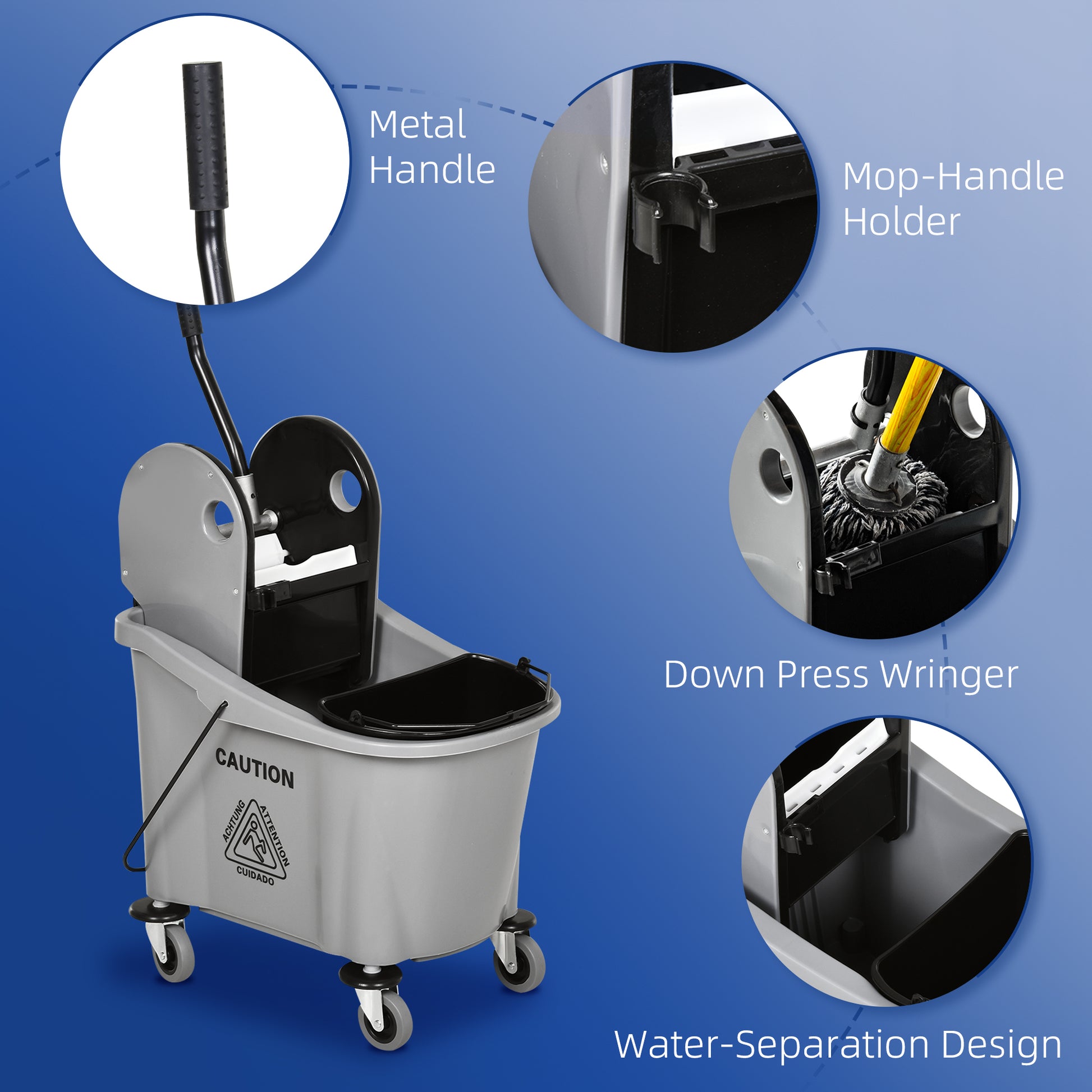 Homcom 9.5 Gallon 38 Quart Mop Bucket With Wringer Cleaning Cart, 4 Moving Wheels, 2 Separate Buckets, & Mop Handle Holder, Grey Gray Plastic