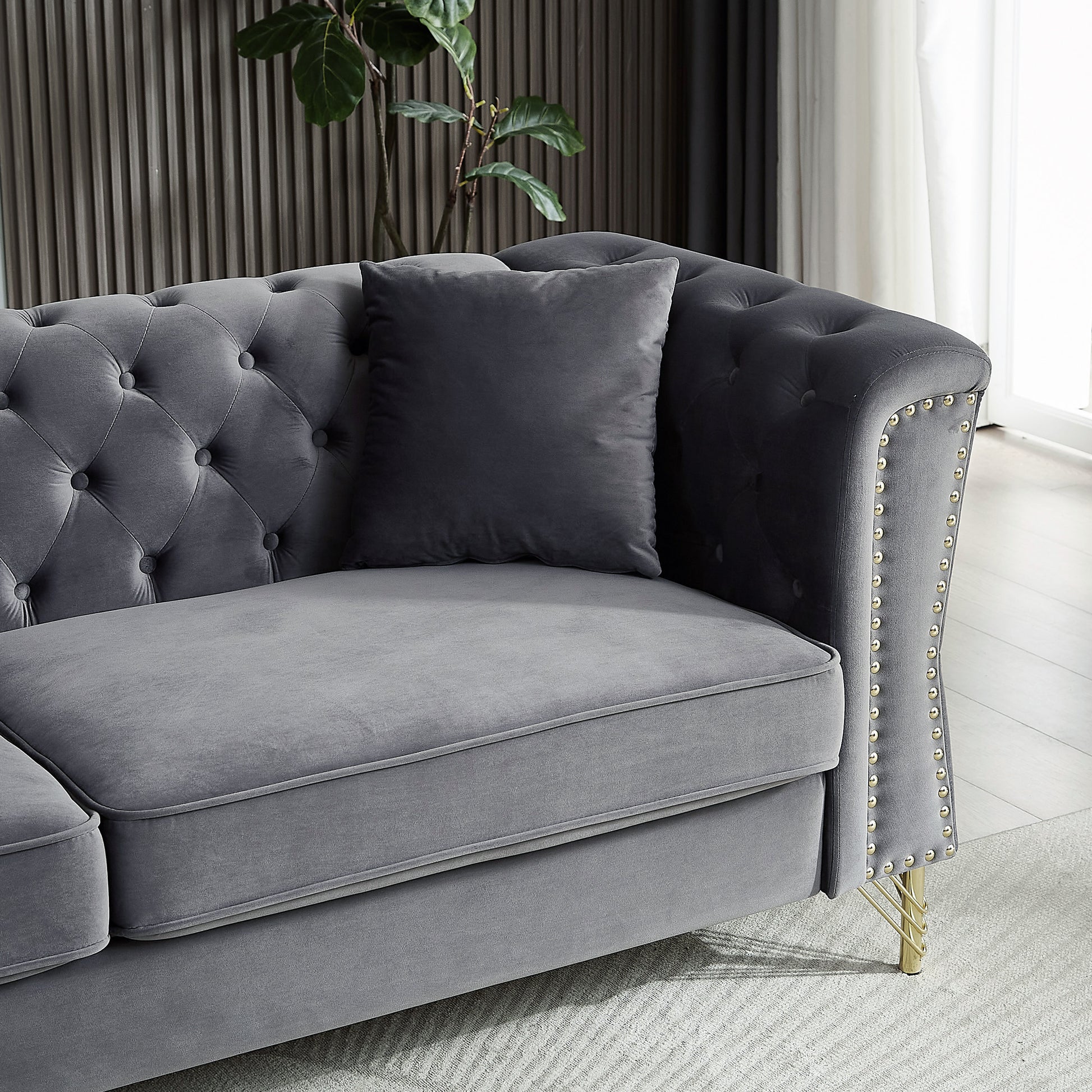 60.2" Chesterfield Sofa Beige Velvet For Living Room, 2 Seater Sofa Tufted Couch With Metal Foot And For Living Room, Bedroom, Office, Apartment, Two Pillows Grey Foam Velvet