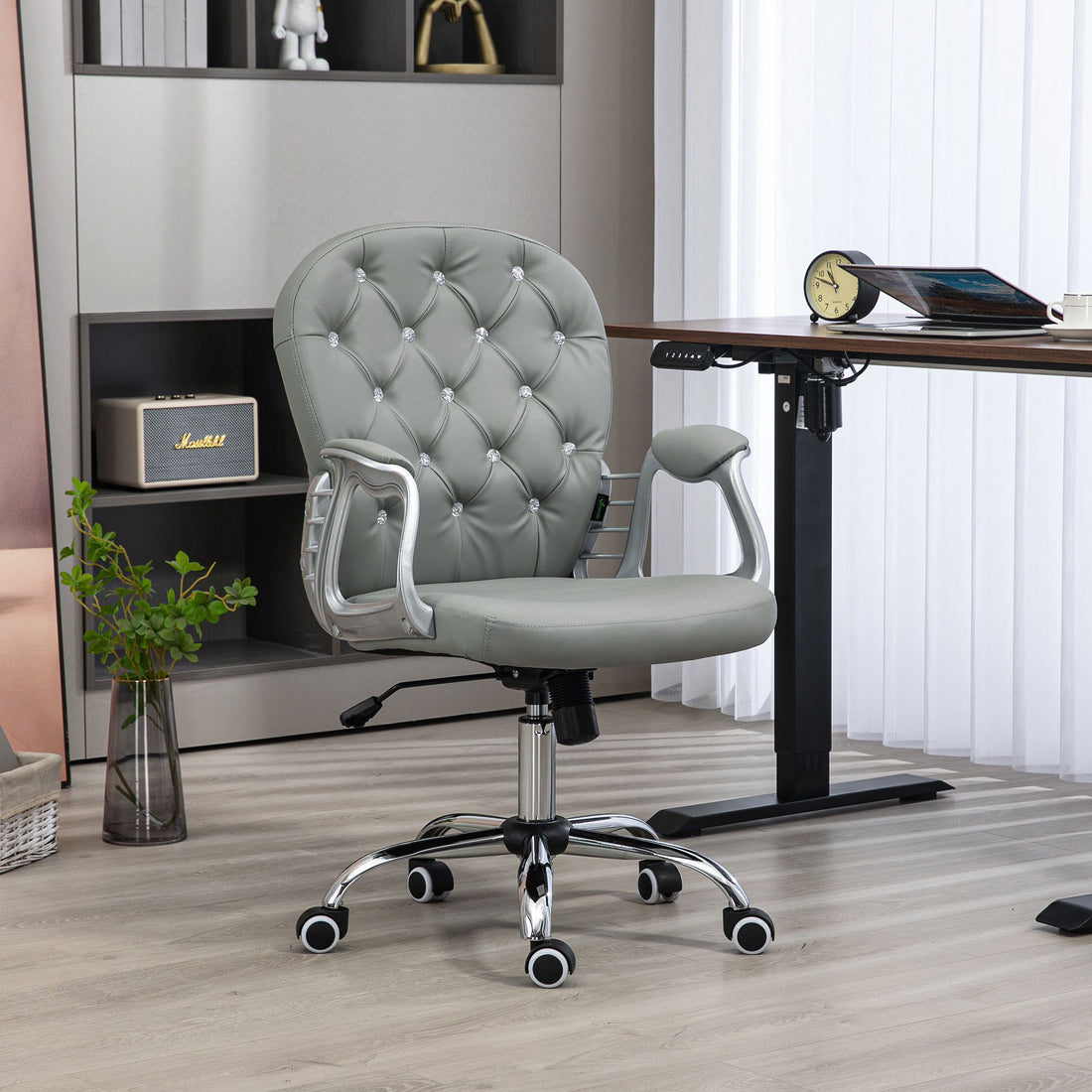 Vinsetto Pu Leather Home Office Chair, Button Tufted Desk Chair With Padded Armrests, Adjustable Height And Swivel Wheels, Gray Gray Faux Leather