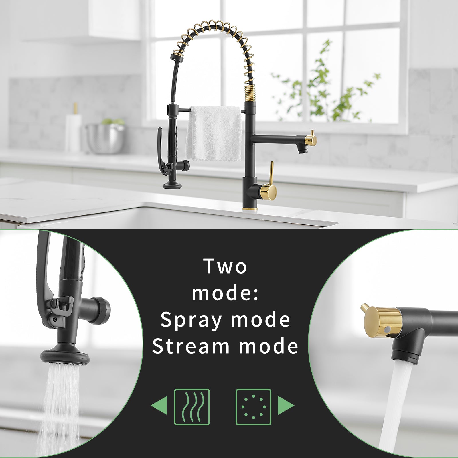 Commercial Kitchen Faucet With Pull Down Sprayer, Single Handle Single Lever Kitchen Sink Faucet Black Gold Kitchen Contemporary Ceramic Brass