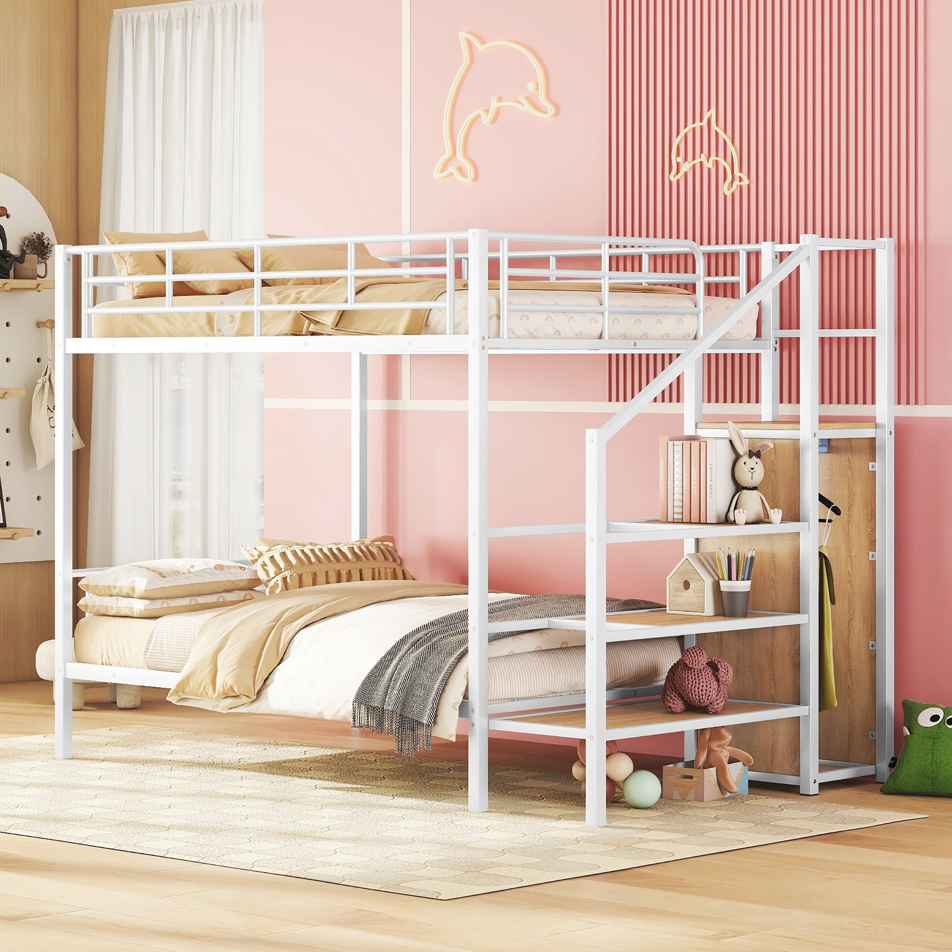 Full Over Full Metal Bunk Bed With Lateral Storage Ladder And Wardrobe, White White Iron