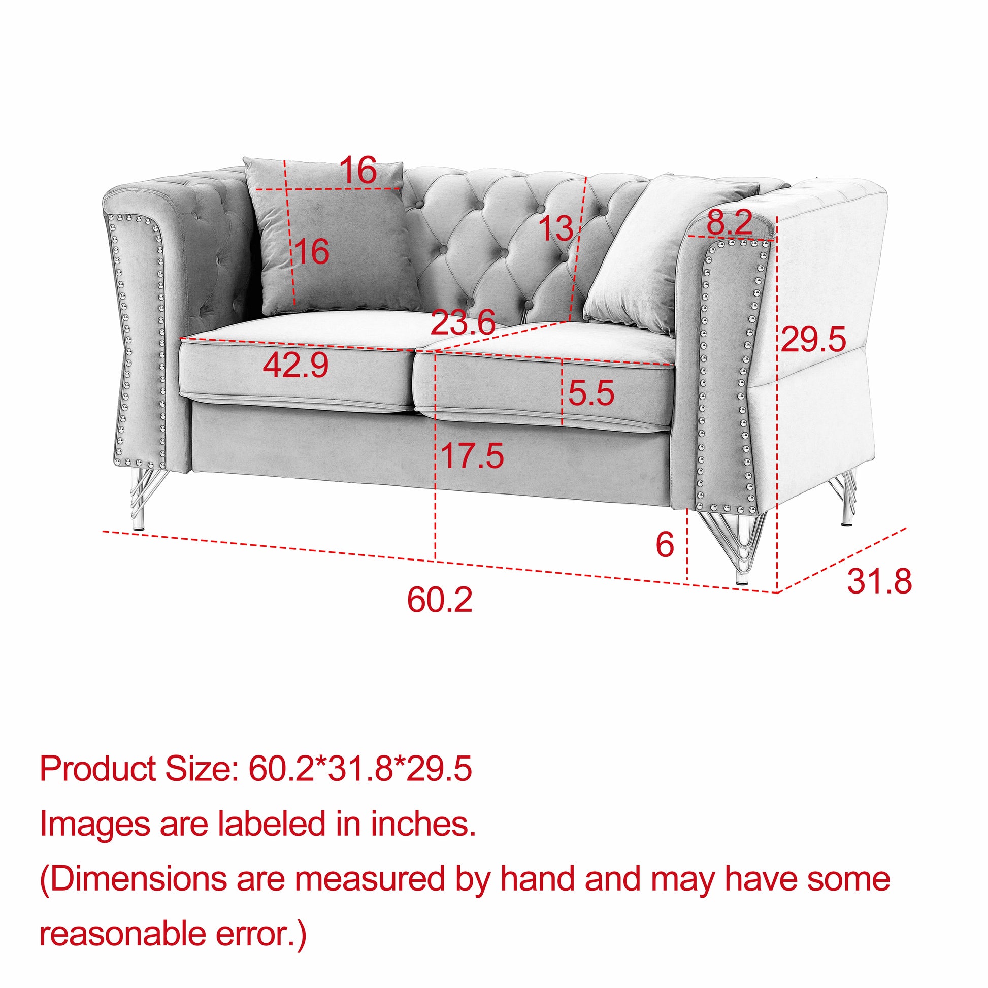 60.2" Chesterfield Sofa Beige Velvet For Living Room, 2 Seater Sofa Tufted Couch With Metal Foot And For Living Room, Bedroom, Office, Apartment, Two Pillows Beige Foam Velvet