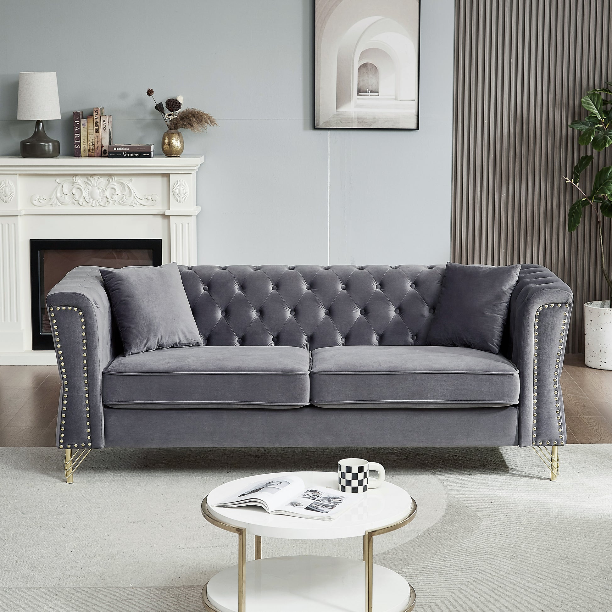 3 Seater 3 Seater Combination Sofa Tufted Couch With Rolled Arms And For Living Room, Bedroom, Office, Apartment, Four Pillows Grey Foam Velvet