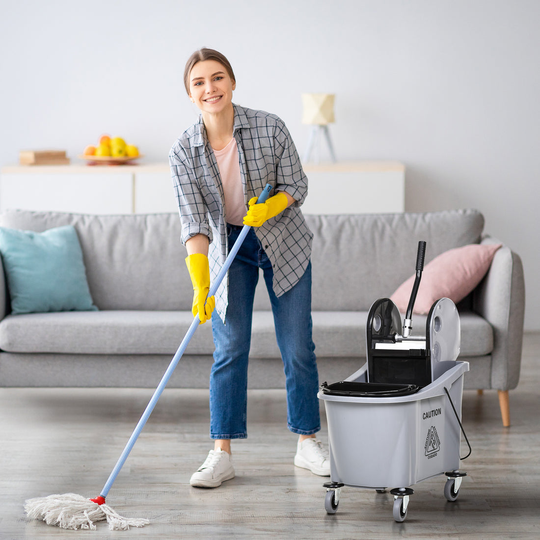 Homcom 9.5 Gallon 38 Quart Mop Bucket With Wringer Cleaning Cart, 4 Moving Wheels, 2 Separate Buckets, & Mop Handle Holder, Grey Gray Plastic