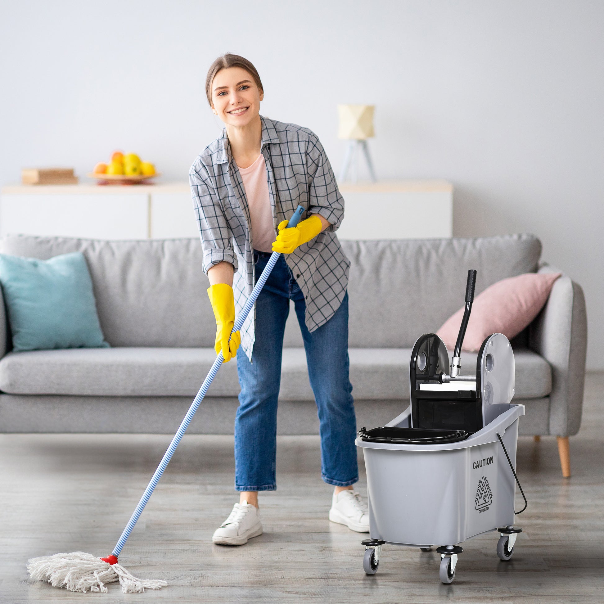 Homcom 9.5 Gallon 38 Quart Mop Bucket With Wringer Cleaning Cart, 4 Moving Wheels, 2 Separate Buckets, & Mop Handle Holder, Grey Gray Plastic