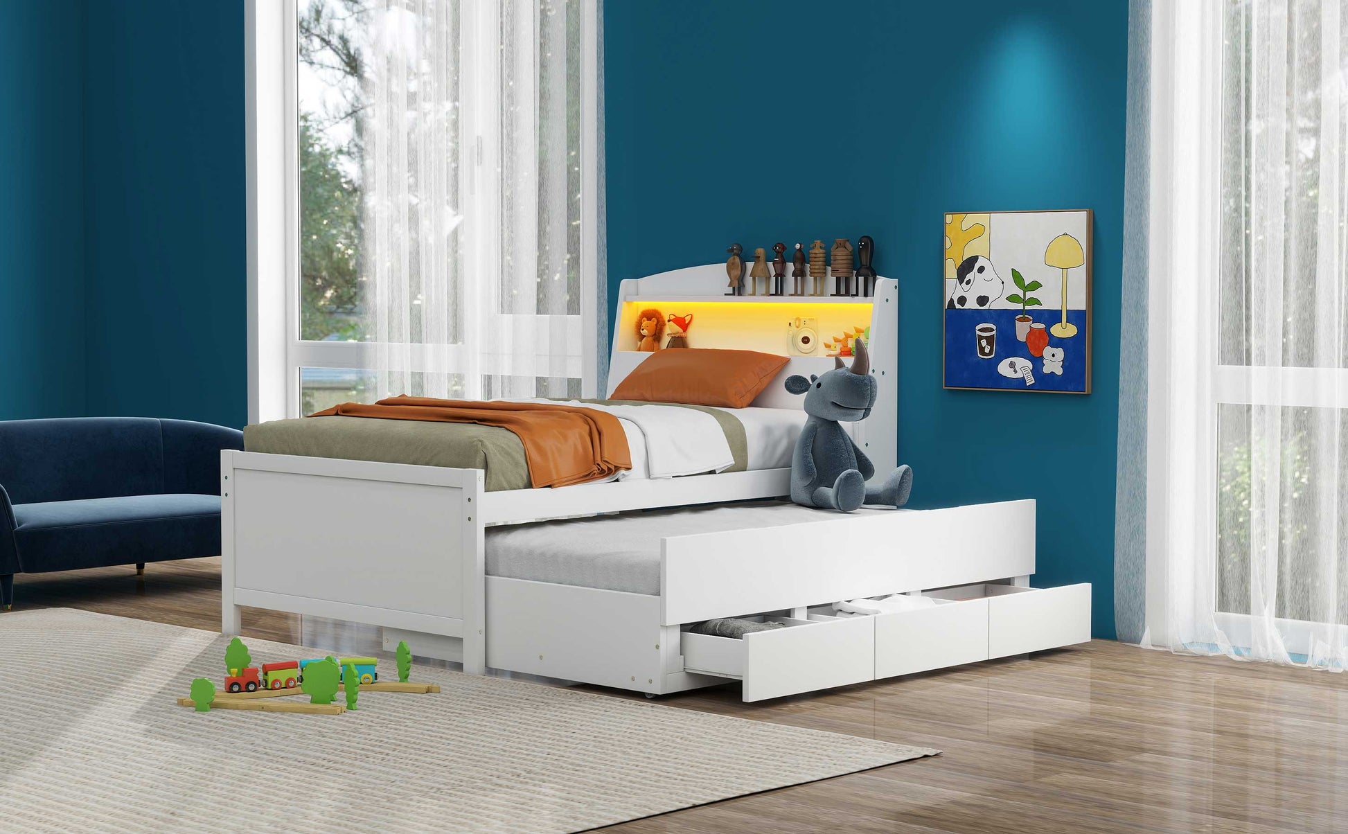 Twin Size Platform Bed With Storage Led Headboard, Twin Size Trundle And 3 Drawers, White Box Spring Not Required Twin White Bedroom Bed Frame Solid Wood Mdf