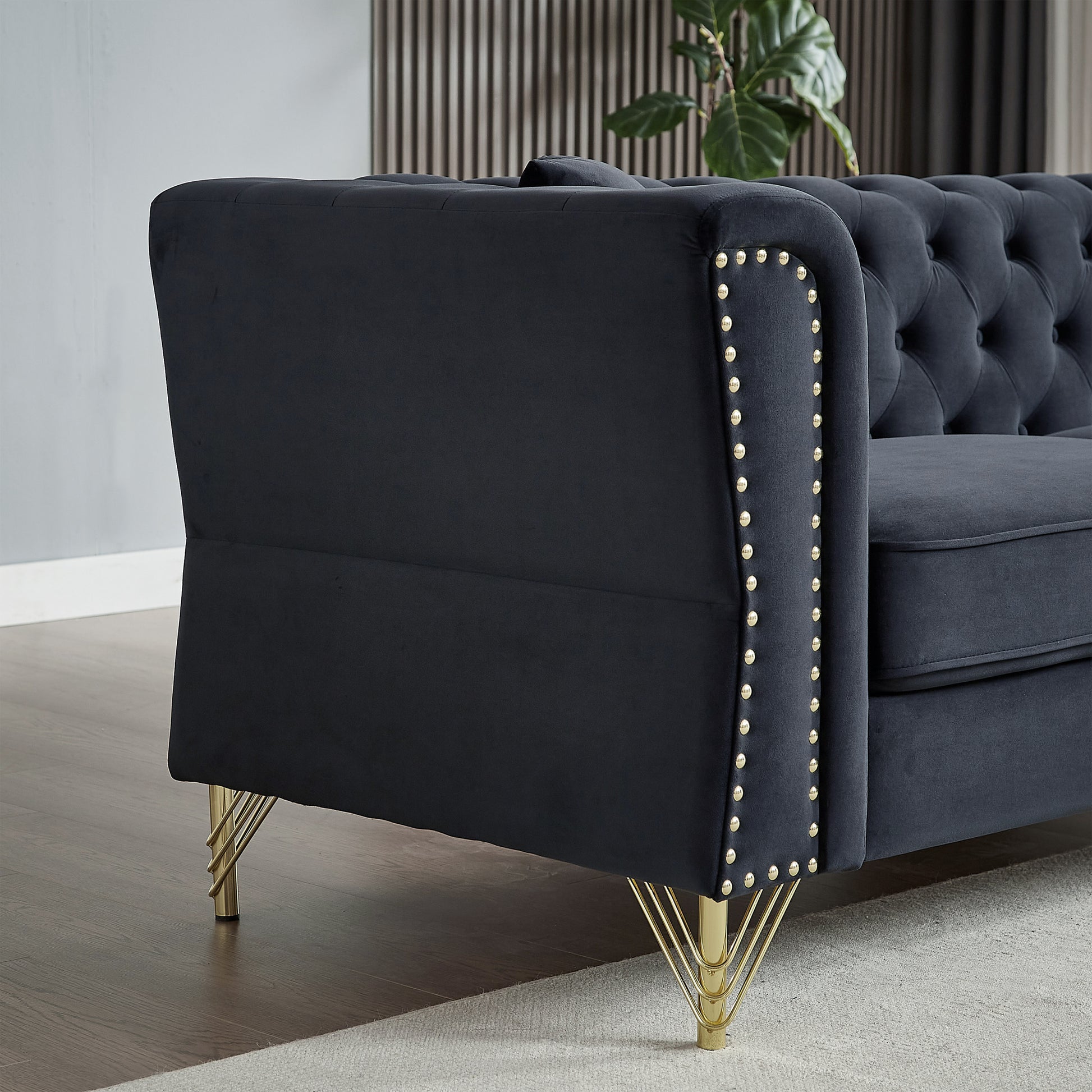81.8" Chesterfield Sofa Grey Velvet For Living Room, 3 Seater Sofa Tufted Couch With Metal Foot And For Living Room, Bedroom, Office, Apartment, Two Pillows Black Foam Velvet