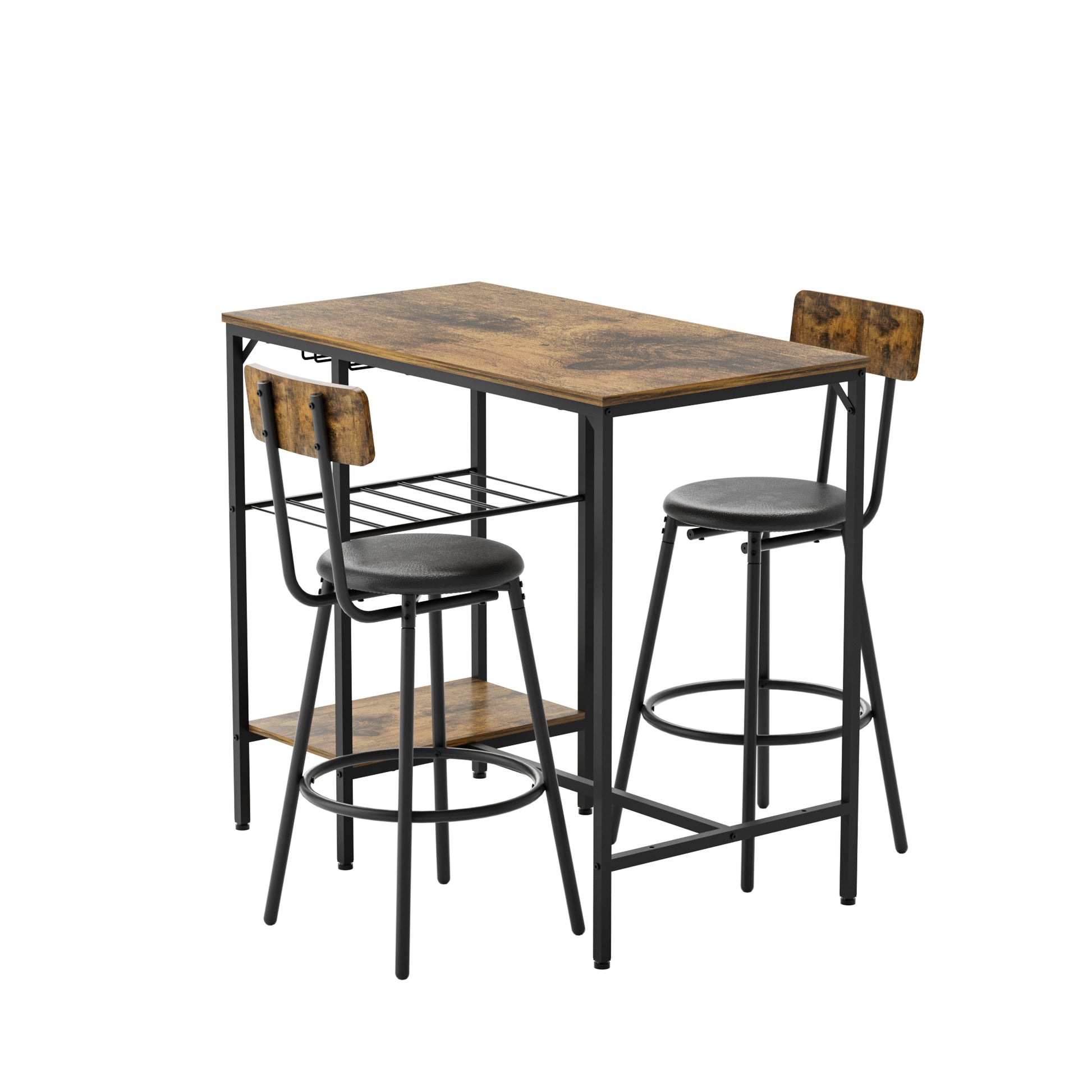 Bar Table And Chairs Set For 2, 3 Pieces Pub Dining Table Set, 2 Bar Stools Pu Upholstery Seat With Backrest For Kitchen, Apartment, Small Space Wood Antique Brown Seats 2 Brown Metal Dining Room 4 Leg Rectangular Dining Table With Chair Wood Metal
