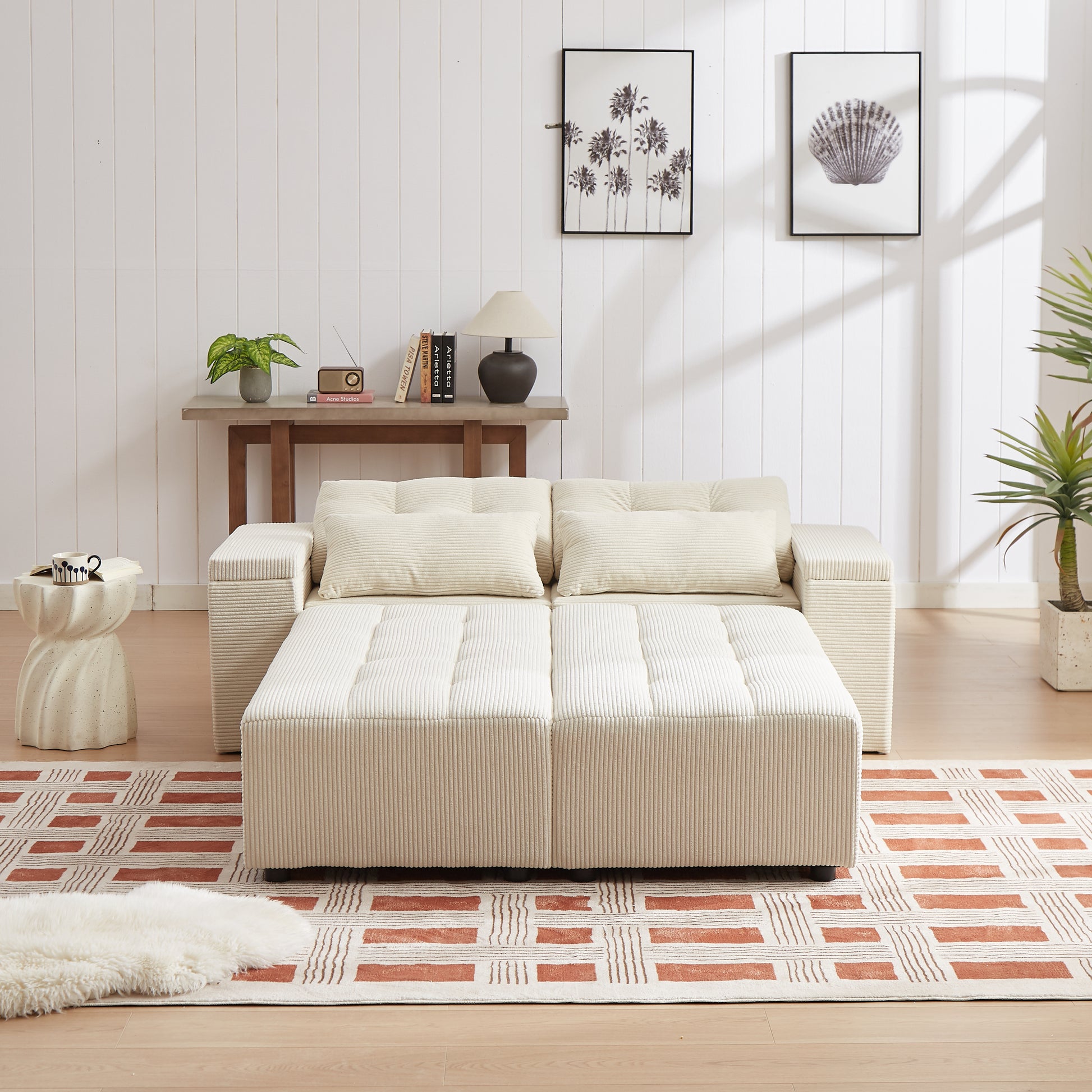 Convertible 3 In 1 Sleeper Sofa And Sectional Sofa With 4 Storage Space For Living Room,Corduroy Couch With 4 Pillows,Corduroy Beige Corduroy 3 Seat