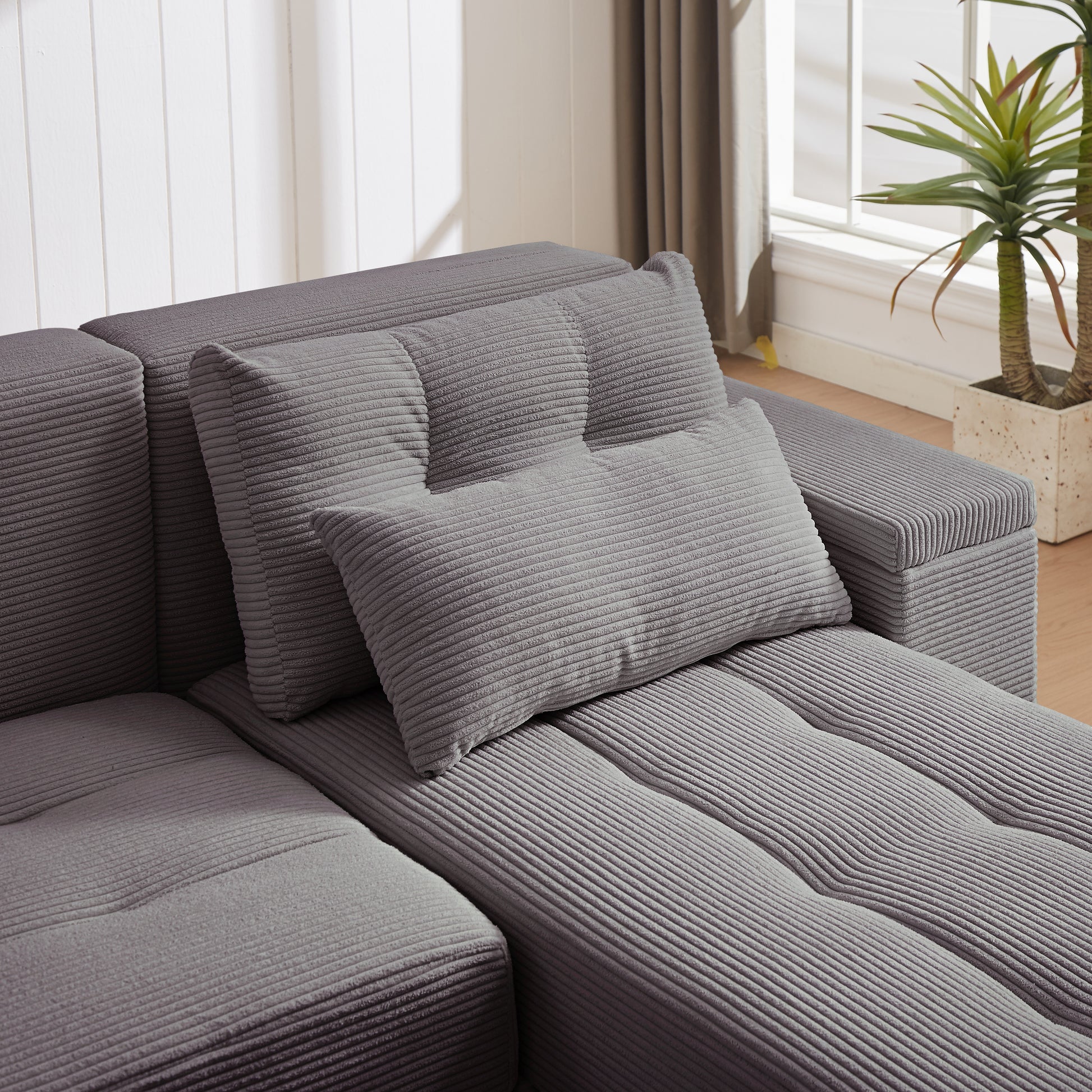 Convertible 3 In 1 Sleeper Sofa And Sectional Sofa With 4 Storage Space For Living Room,Corduroy Couch With 4 Pillows,Corduroy Grey Corduroy 3 Seat