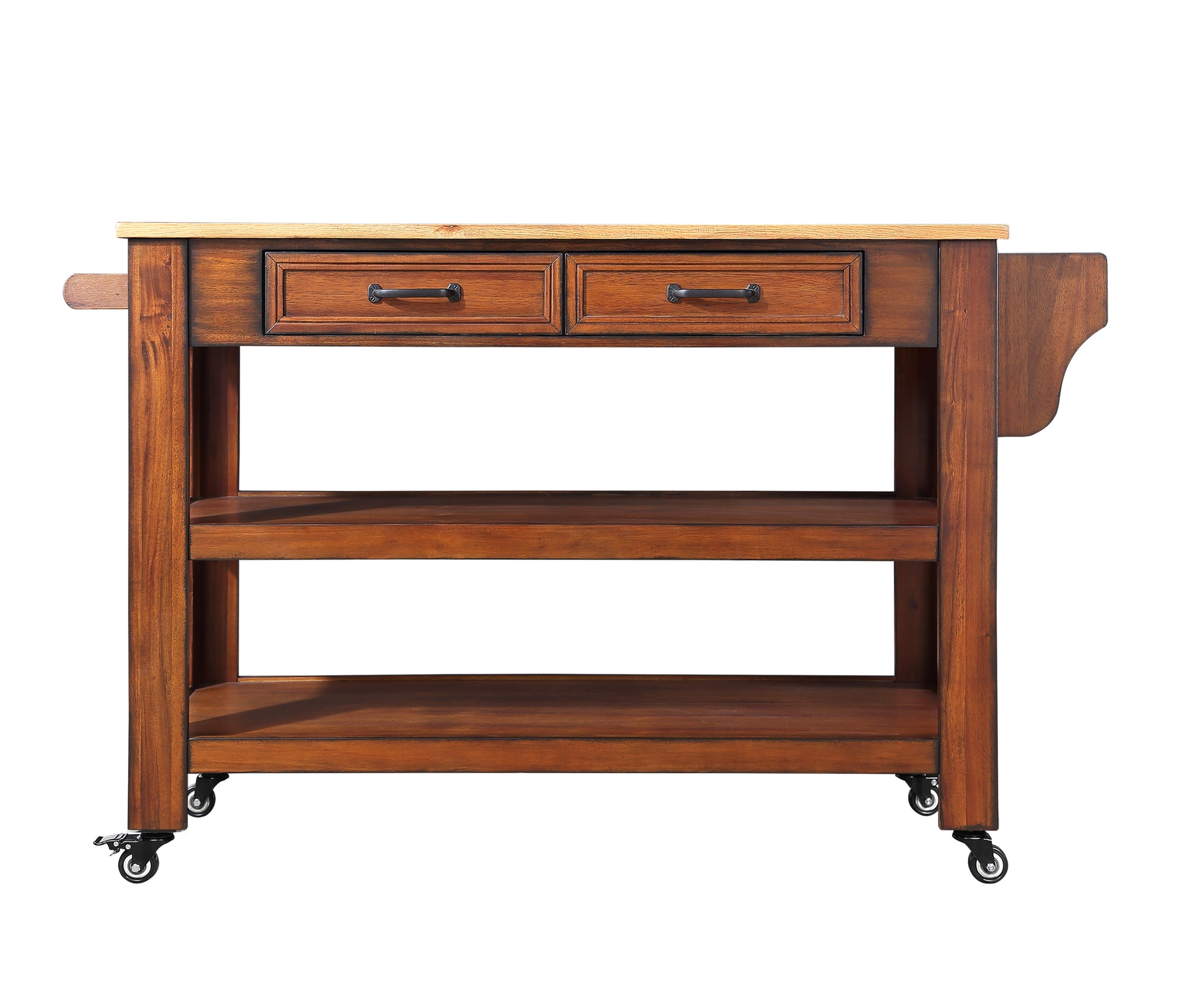 57 Inch Rolling Kitchen Island With Storage,Kitchen Cart With Solid Oak Wood Top,Two Sided Kitchen Island Cart On Wheels ,Wine And Spice Rack, Large Kitchen Cart With 2 Drawers, Walnut Natural Top Walnut American Design Rectangular Kitchen Carts Solid