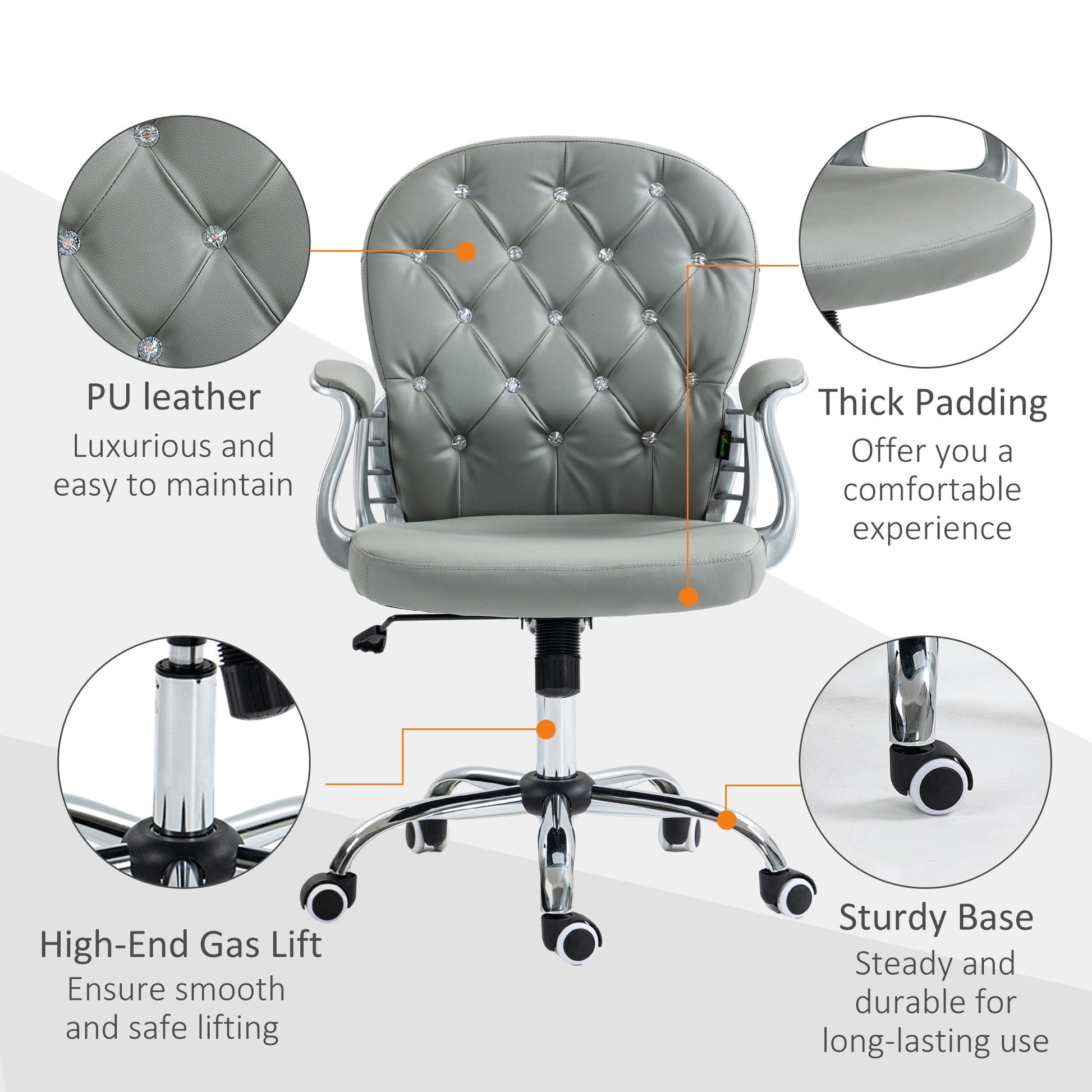 Vinsetto Pu Leather Home Office Chair, Button Tufted Desk Chair With Padded Armrests, Adjustable Height And Swivel Wheels, Gray Gray Faux Leather