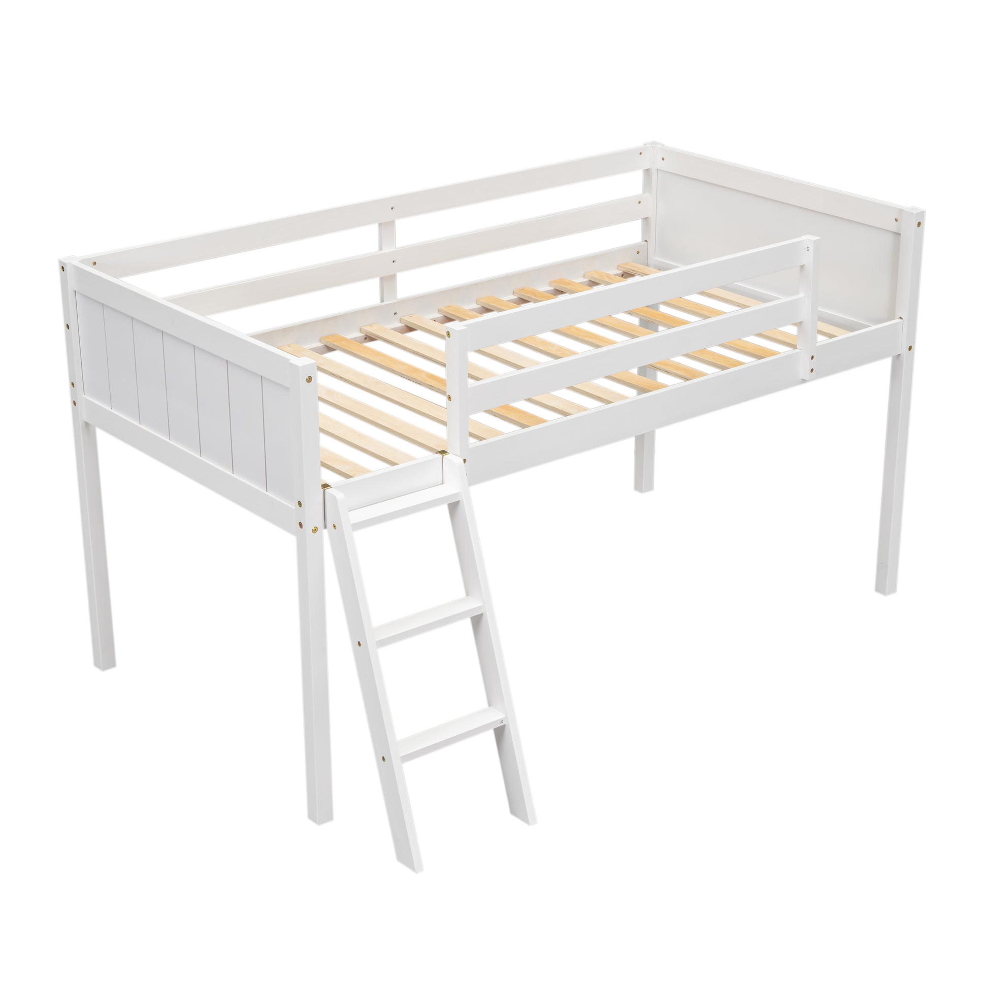 Twin Size Wood Low Loft Bed With Ladder, Ladder Can Be Placed On The Left Or Right, White Box Spring Not Required Twin White Wood Bedroom Solid Wood Mdf