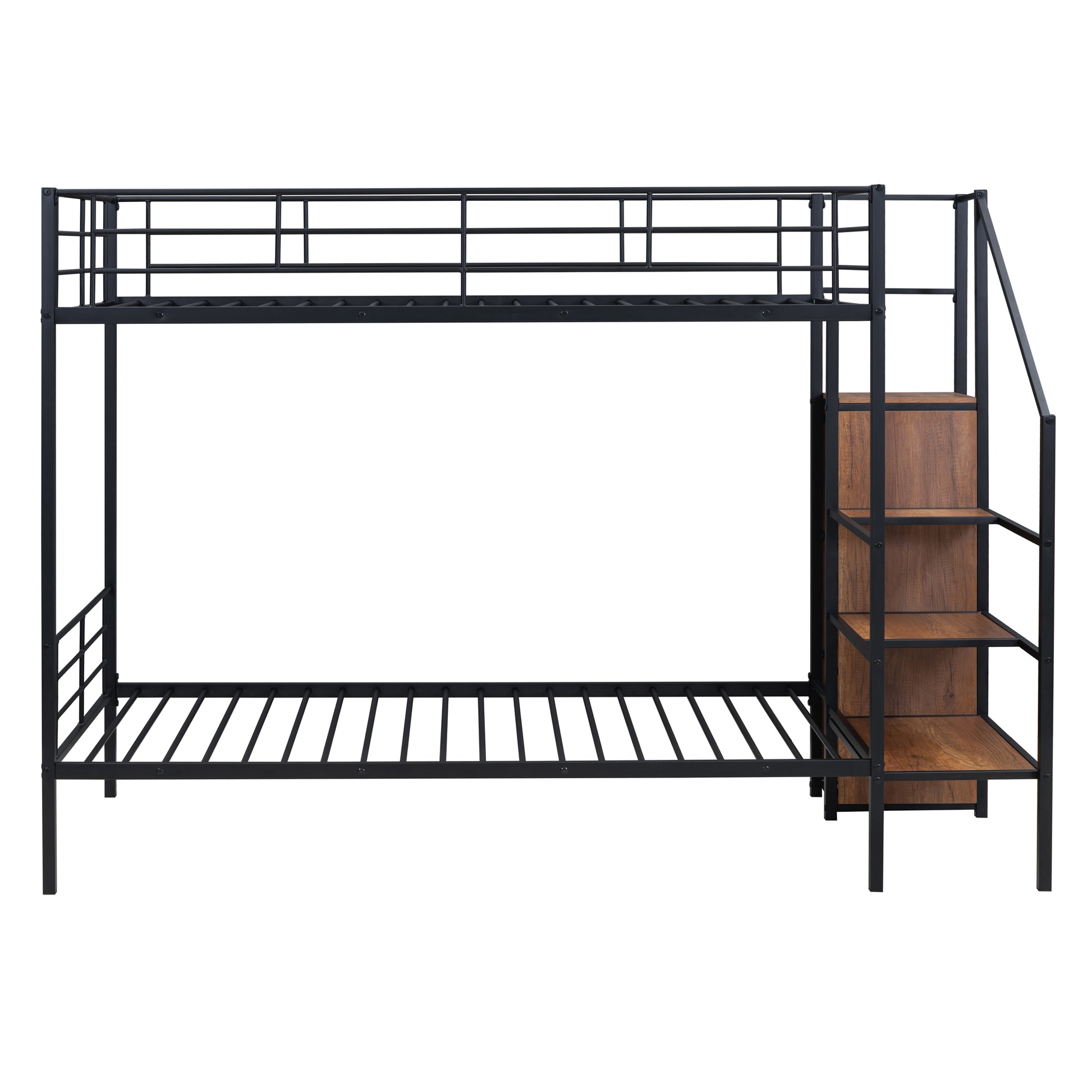 Twin Over Twin Metal Bunk Bed With Lateral Storage Ladder And Wardrobe, Black Black Iron