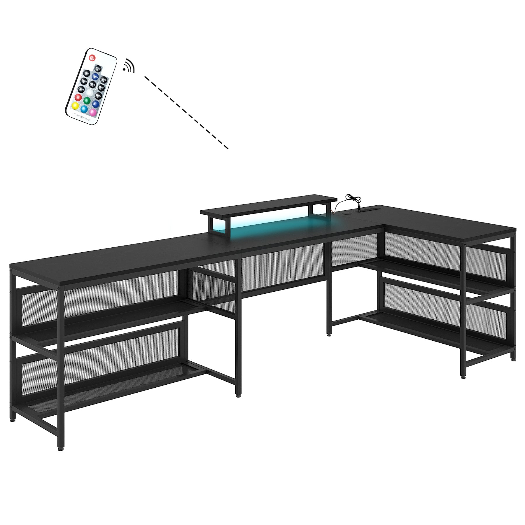 U Shaped Desk With Shelve And Led Lights Black Mdf